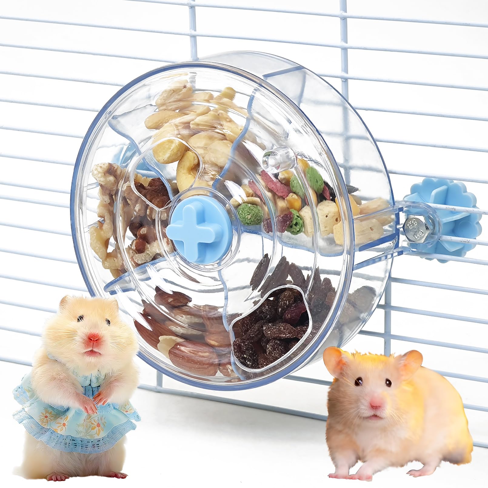 VCEPJH Rat Foraging Toy Interactive Slow Feeder with Transparent Rotating Treat Dispenser Wheel for Enrichment Activities Pet Rat Cage Accessories Ideal for Syrian Hamster Gerbil Mice (Blue)