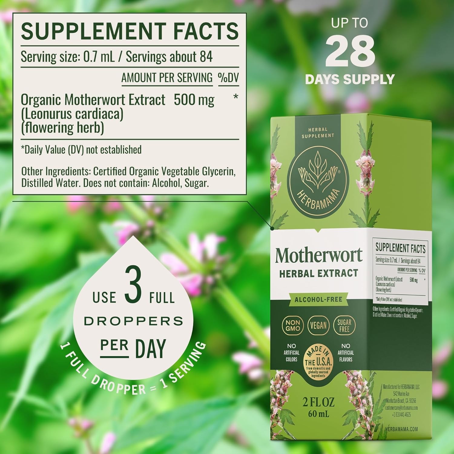HERBAMAMA Motherwort Tincture - Vegan Motherwort Herb Extract Calm Drops for Women's Support - Non-GMO, Alcohol & Sugar-Free Liquid Relaxation Supplement, 28-Day Supply - Image 3