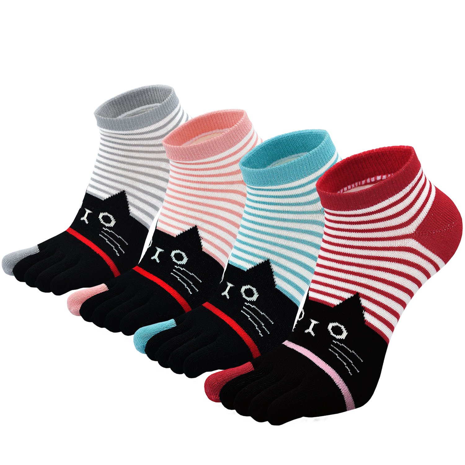 PUTUO Womens Toe Socks Ladies Five Finger Cotton Socks, Womens Funny Cute Cat Animal Socks Ladies Novelty Socks with Toe, Christmas socks, 4 Pairs