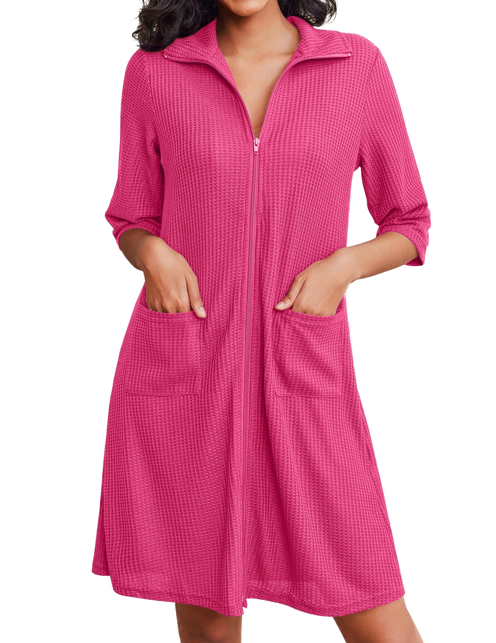 Ekouaer Zipper Robes for Women Waffle Knit Bathrobes Short Lightweight Knee Length Loungewear with Pockets S-XXL
