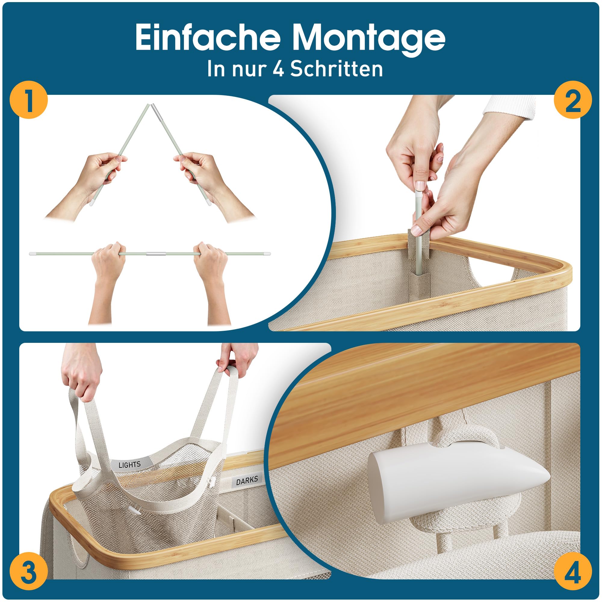 Wäschekorb 3 Fächer 160L, Wäschesammler mit Deckel, Bambusrahmen und 600D wasserdichtem Oxford Stoff, mit 3 herausnehmbaren Innentaschen für Schlafzimmer und Badezimmer, Beige