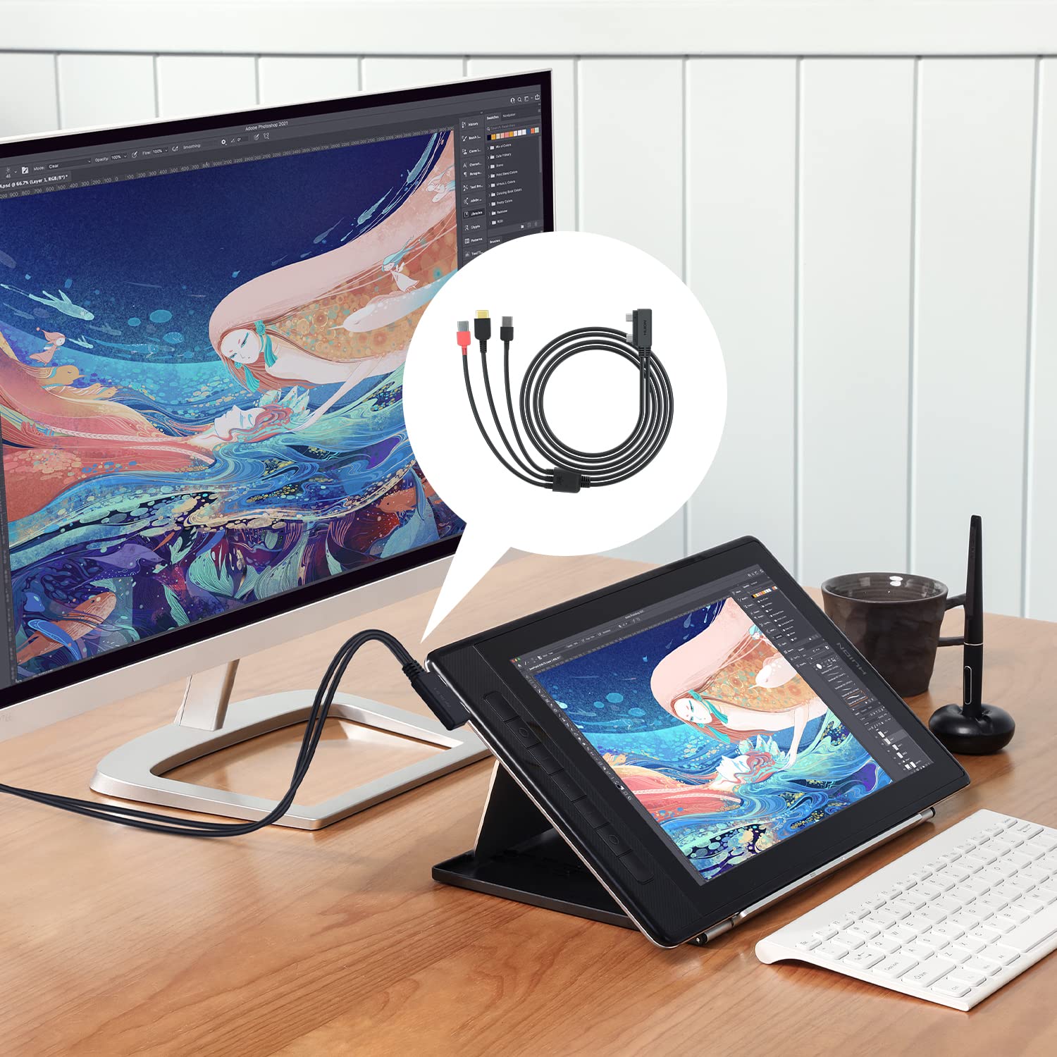 HUION Cavo 3-in-2, Compatibile Kamvas Pro 13 2.5K, Kamvas Pro 16 2.5K Tavoletta Grafica con Cavo HDMI, Power e USB Incluso
