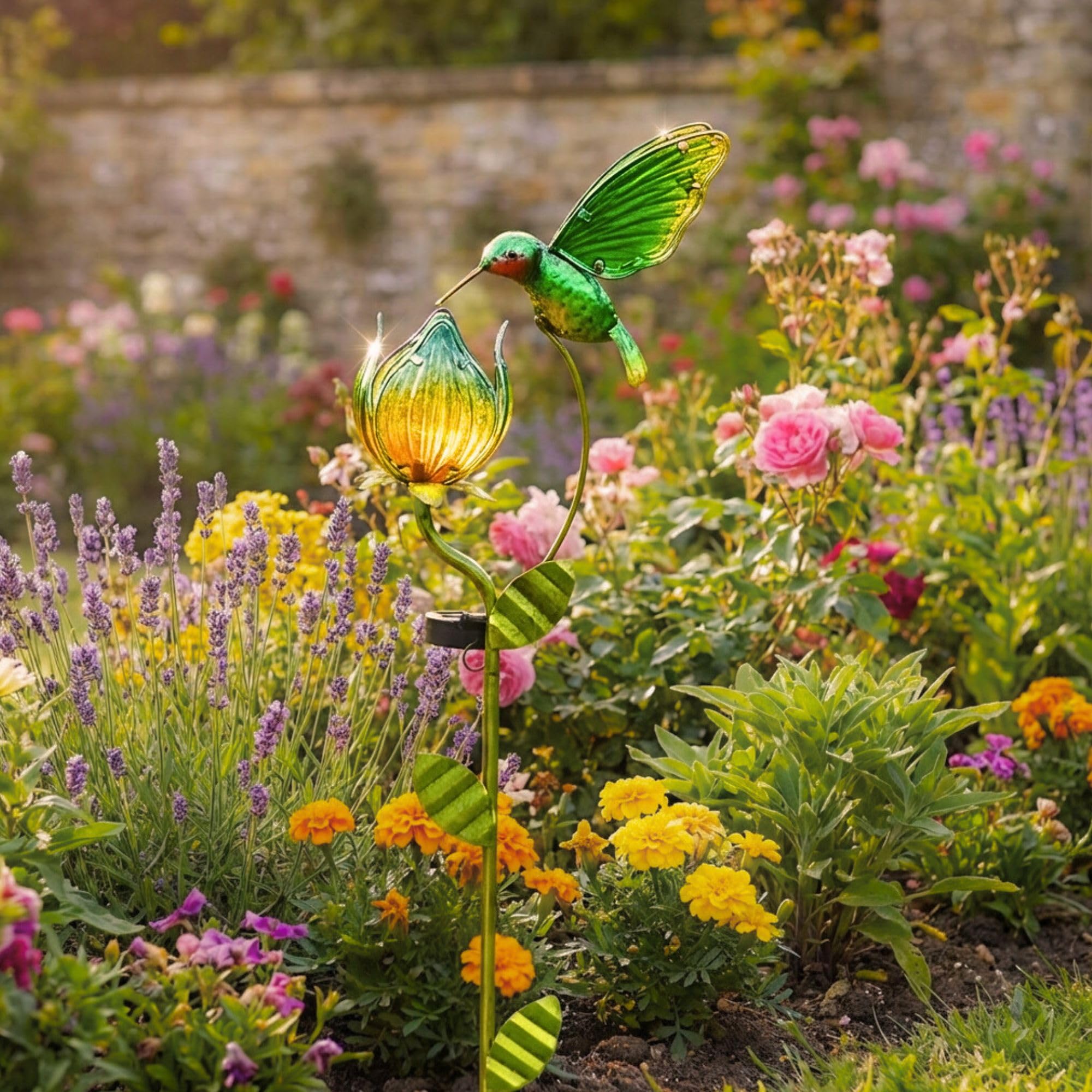 TERESA'S COLLECTIONS Lampe Solaire Exterieur Jardin,Decoration Jardin Exterieur, Lumière Solaire Colibri et Fleurs Métal Verre Solaire LED Lumière Étanche, 97cm(M)
