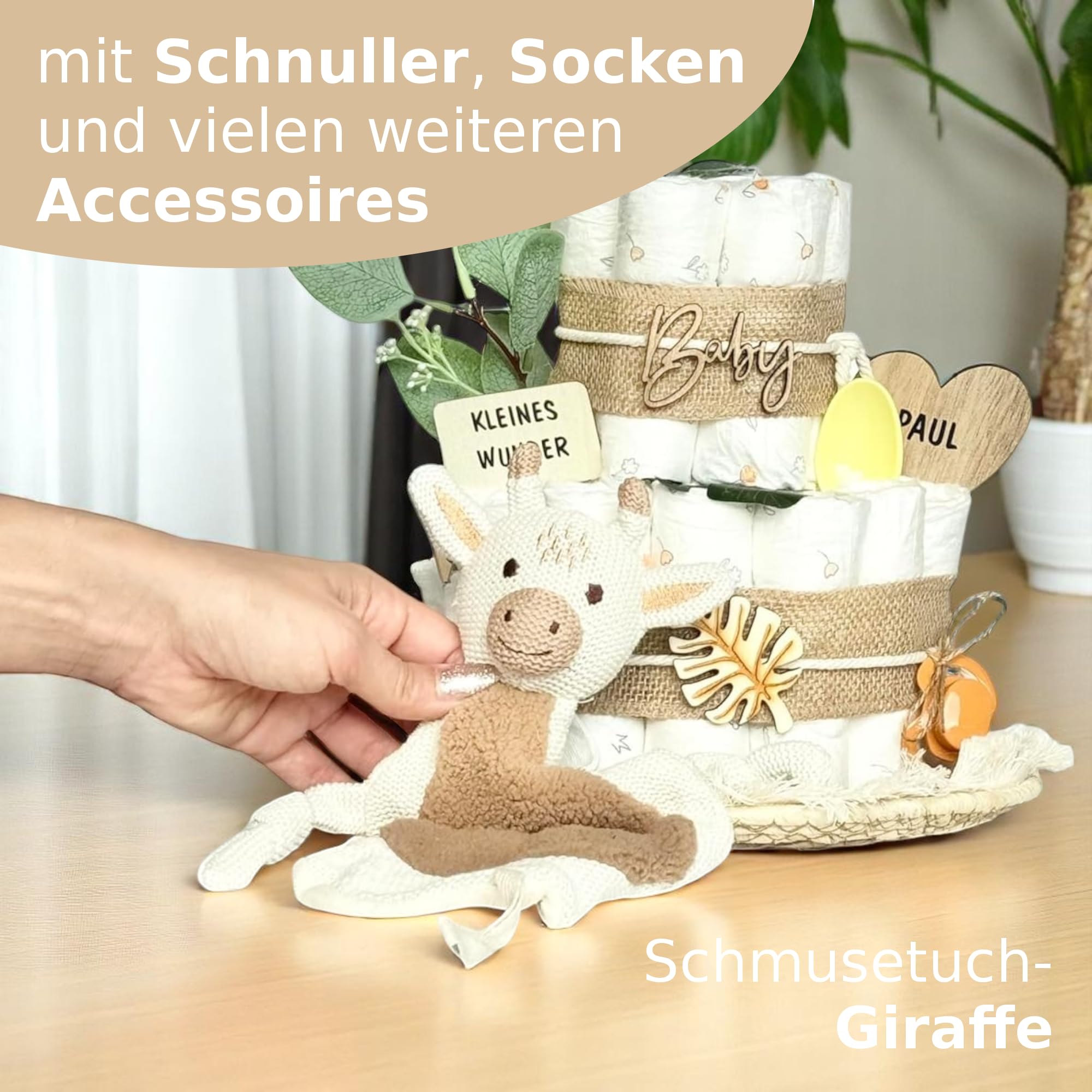 Windeltorte mit Giraffe, mit Babyaccessoires und Dekoration, Name Personalisierbar, Neutral für Jungen & Mädchen, Its a Boy/Girl, Babyshower Torte Gender-Reveal Baby-Party Geschenk Geburt Deko
