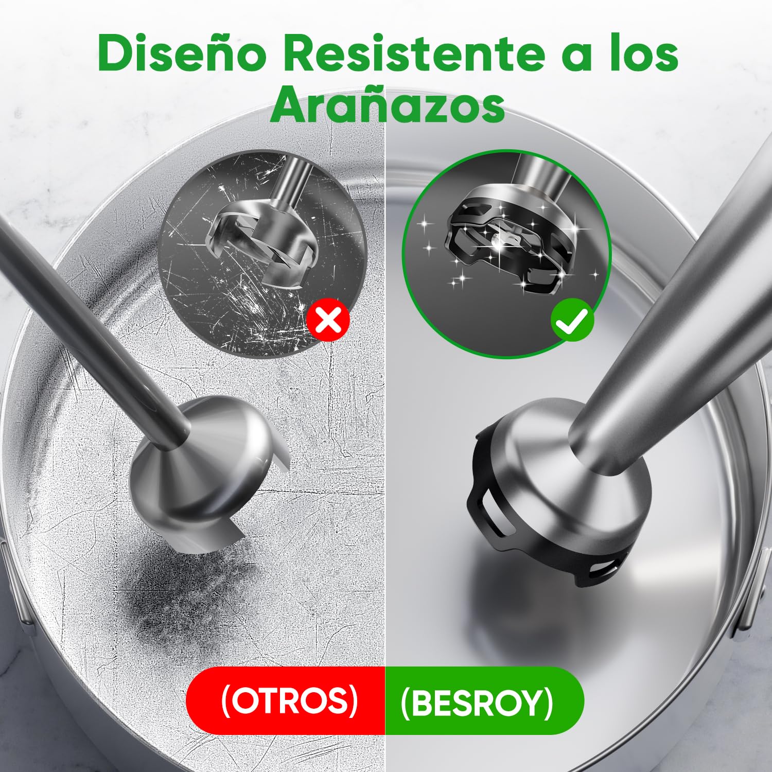 BESROY Batidora de Mano 5 en 1 1100W, Batidora Eléctrica con Velocidad Regulable, Acabado en Acero Inoxidable, con Picadora, Espumador de Leche, Varilla y Vaso Medidor, Ideal para Smoothies, Salsa