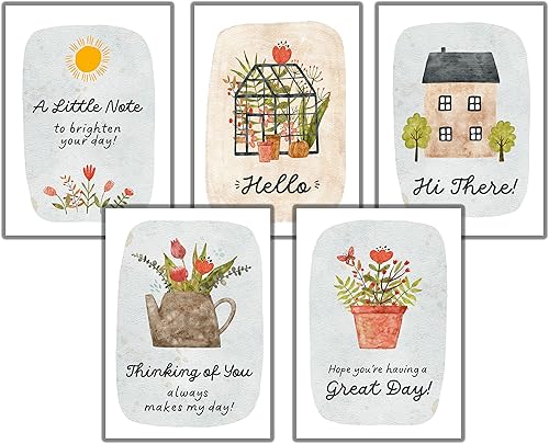 Cute Hello Greeting Cards - Set of 10 All Occasion 5x7 Note Cards with Envelopes. Blank Inside. Watercolor-Themed Drawings of Houses, Flowers &