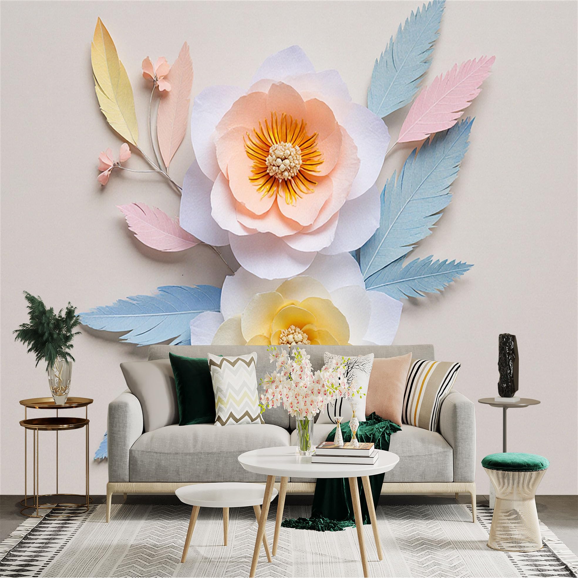 Custom Size Wall Sticker Mural， Soft Pastel Paper Flowers， Elegant Botanical Art， Delicate Feather Accents， for wall Decoration， peelandstick wall Decals.