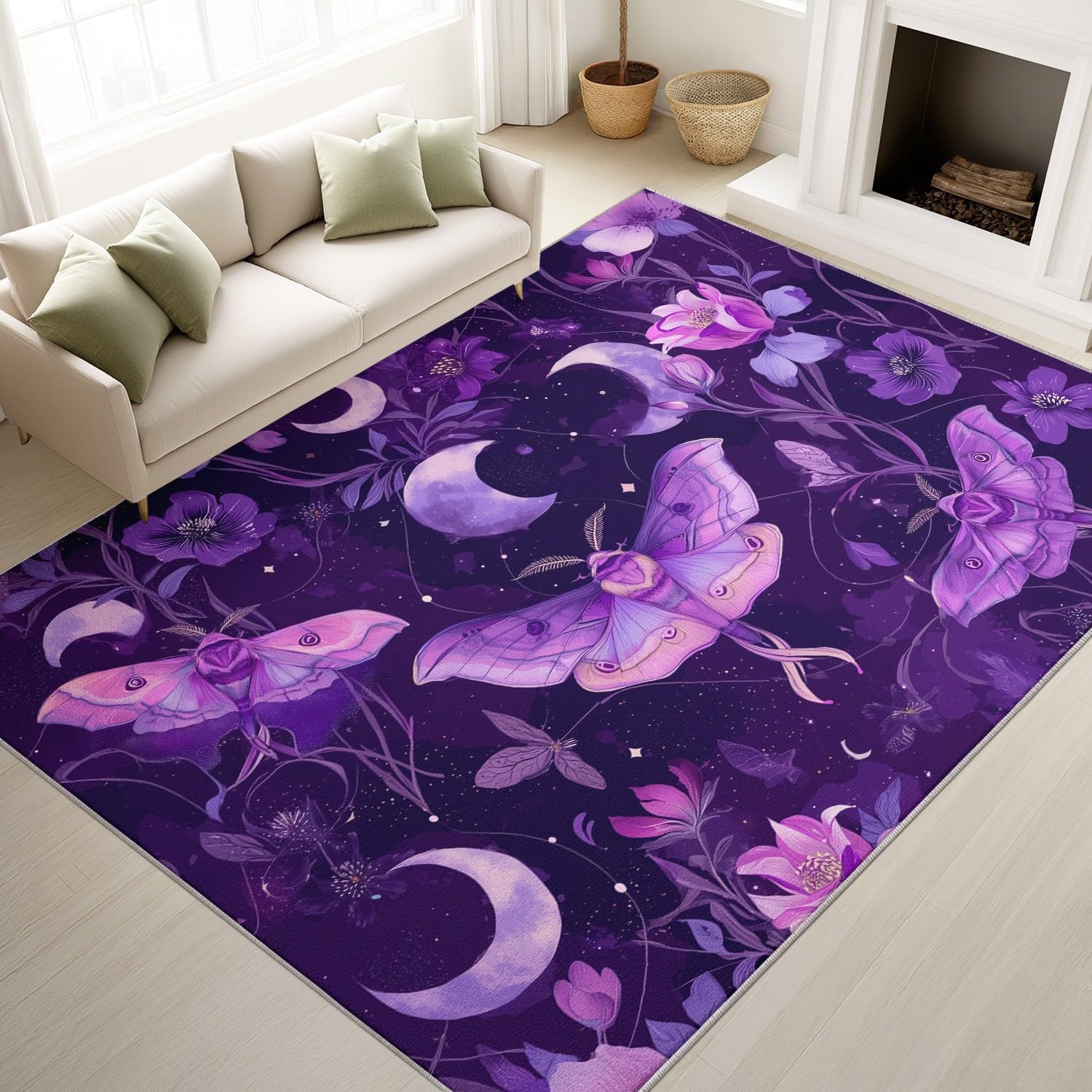 Generico 140 x 200 cm Dywan z krótkim włosiem, gotycki tajemniczy artystyczny wzór fioletowy ćma księżyc dywan dekoracje dywanowe, antypoślizgowe dywaniki nadające się do prania do pokoju dziewczynki