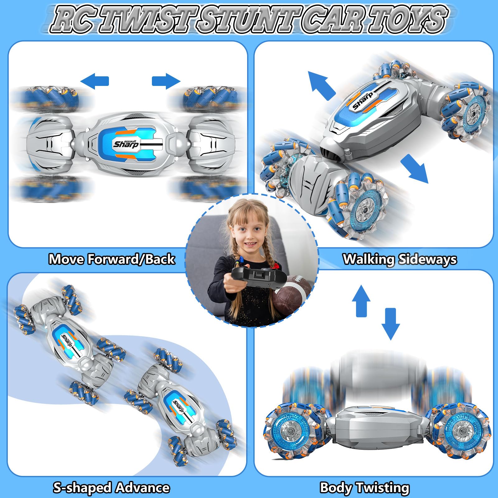 ZZPQ Gesture Sensing RC Stunt Car, 4WD Hand Controlled Remote Control Twist Car Toys for 6-12 yr Boys Girls - RC Car Gifts for Kids 6-8 8-13, 360° Rotating Transform Off Road w/Lights Music, Gray