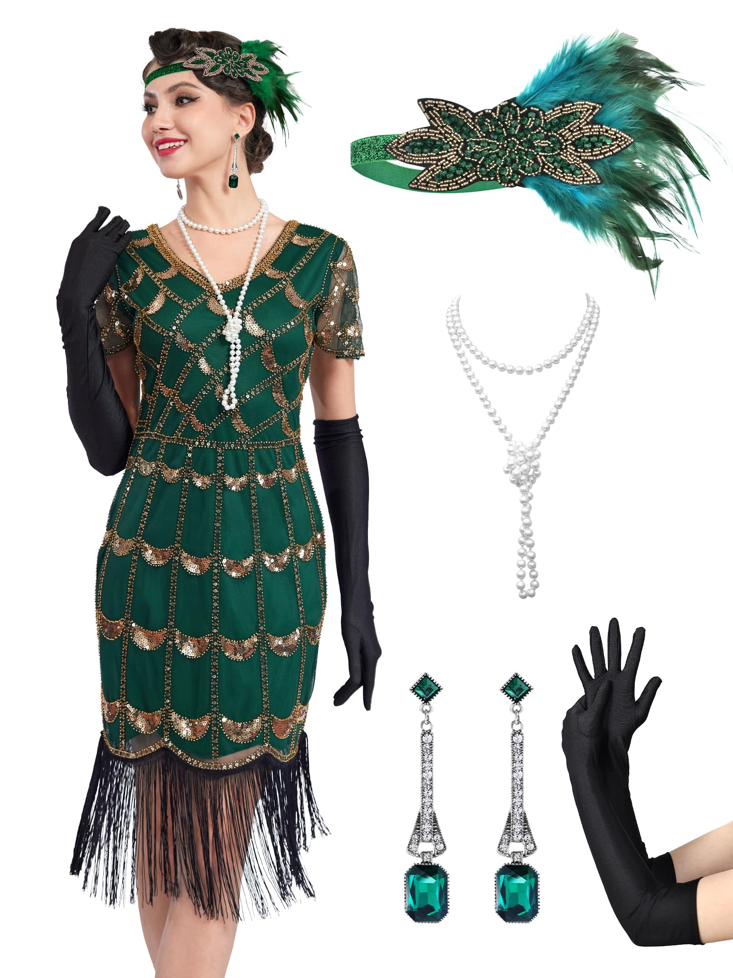 MTITE 1920S Dresses for Women, Fringed Sequin Dresses Set, Roaring 20s Costumes with 20s Accessories for Harlem Nights