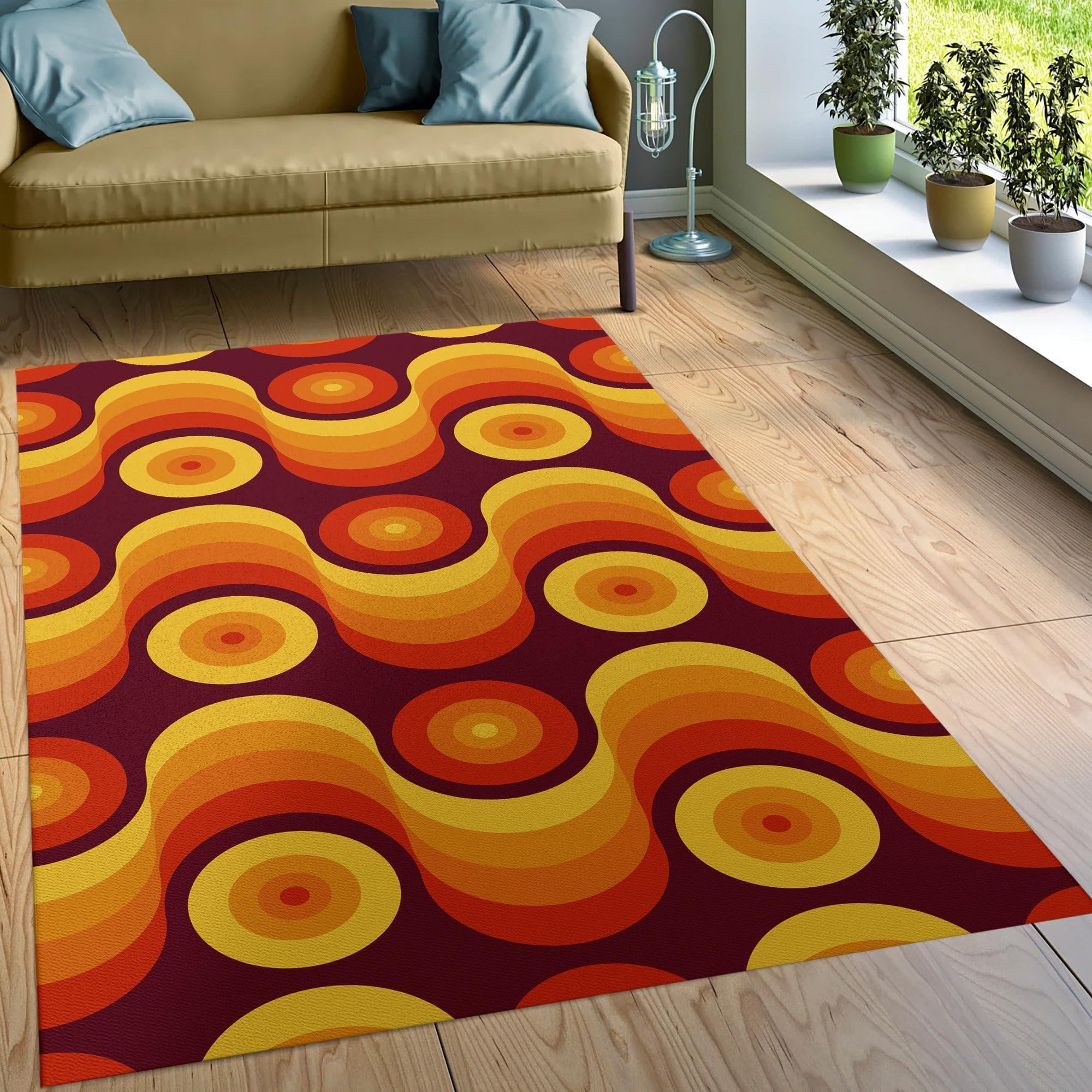 Rétro Marron Orange Tapis de Salon 120x150cm Milieu du siècle Années 70 Tapis de Couloir, Motif Géométrique Abstrait Tapis Chambre à Coucher, Lavable Antidérapant Tapis pour Porte d'Entrée