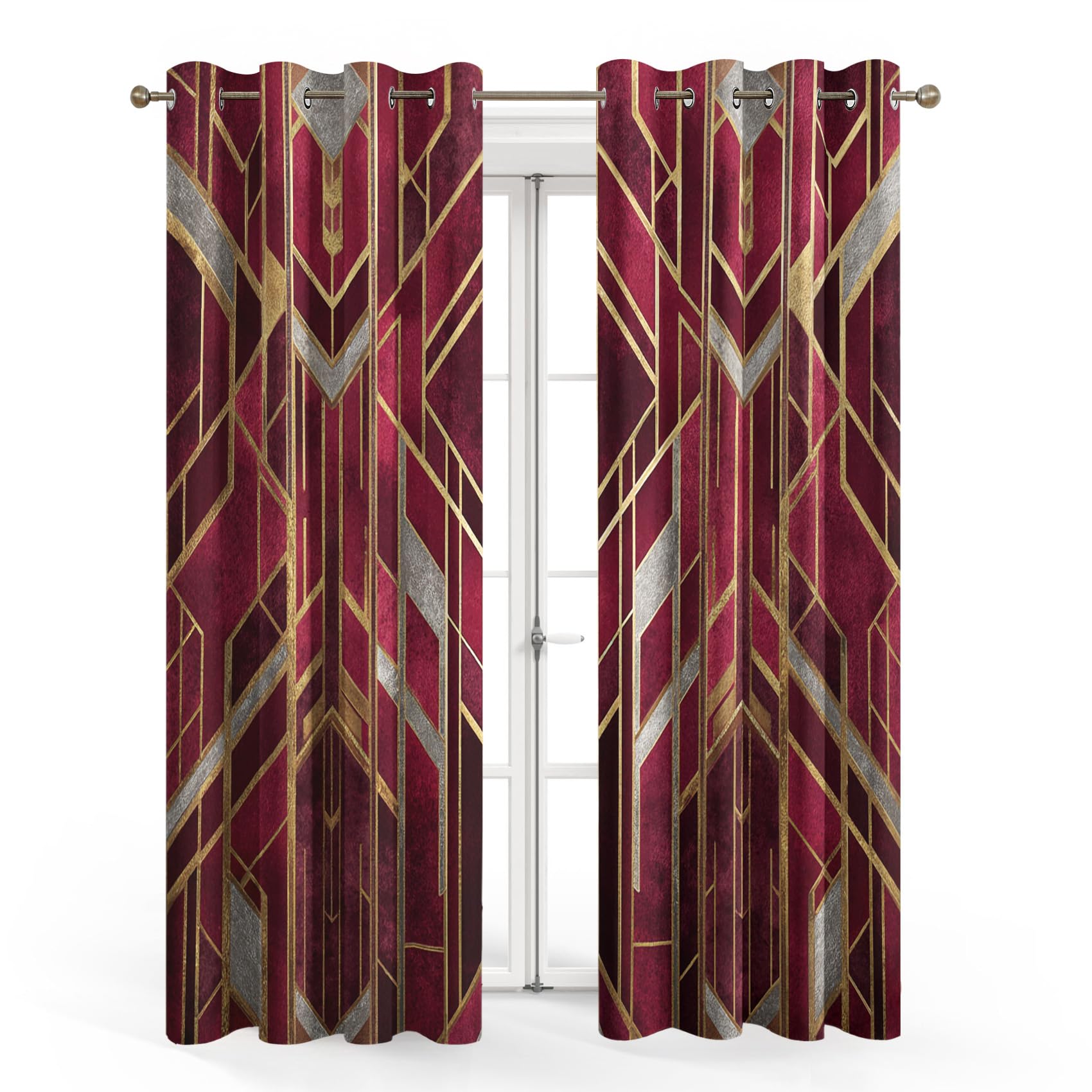Rideau Occultant Géométrique Doré Bordeaux, Ancien Moderne Motif Rideaux Thermiques à Oeillets, Rideaux Imprimé pour Salon Chambre Fenetre Moderne Décoration, 140x240 cm (L x H), Lot de 2, D#420