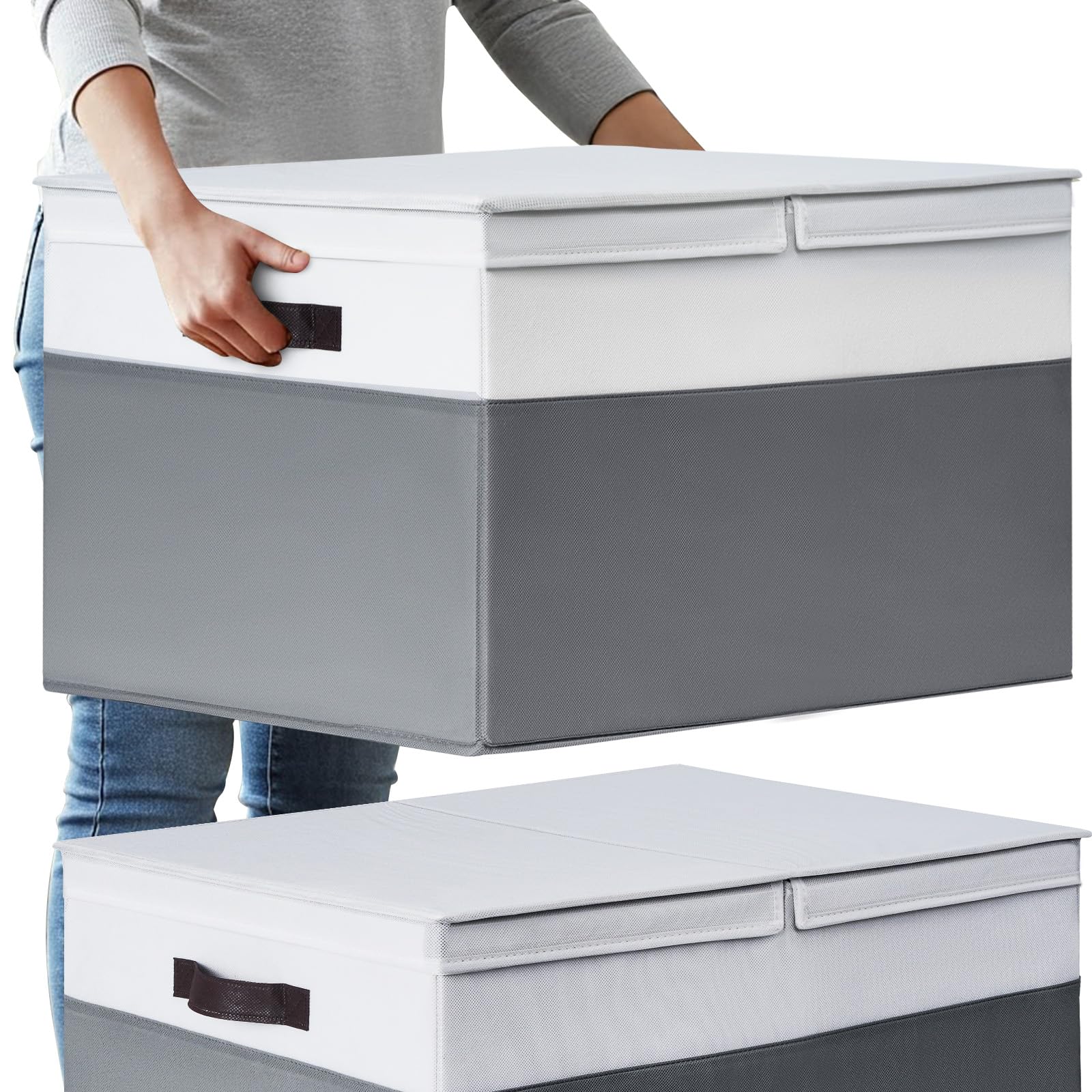 2 Pack EXTRA LARGE Blanket Storage Baskets with Lids, 22”x16”x12” Closet Organizers Bins for Clothes Towel/ Storage Box with Lid Handles/ Stackable