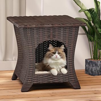 Patio Wicker End Table, 2-in-1 Side Table and Cat Bed with A Cushion for Cats, Hand-Woven PE Wicker and Thick Cushion Visit the Search Bar