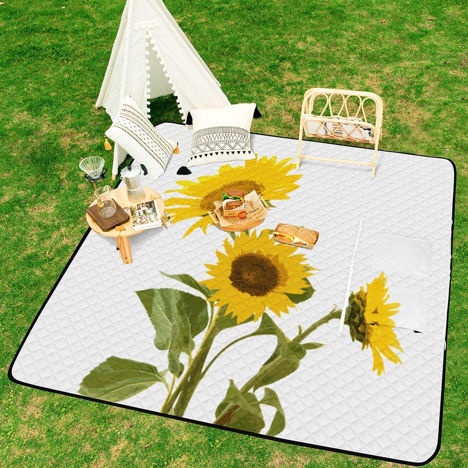 3D Stampa SunFiore T-shirt Yellow Coperta Picnic Impermeabile Stuoia Spiaggia Pieghevole Coperta Da Picnic Per Spiaggia Campeggio Pic-nic Attività All'aperto 200x200cm