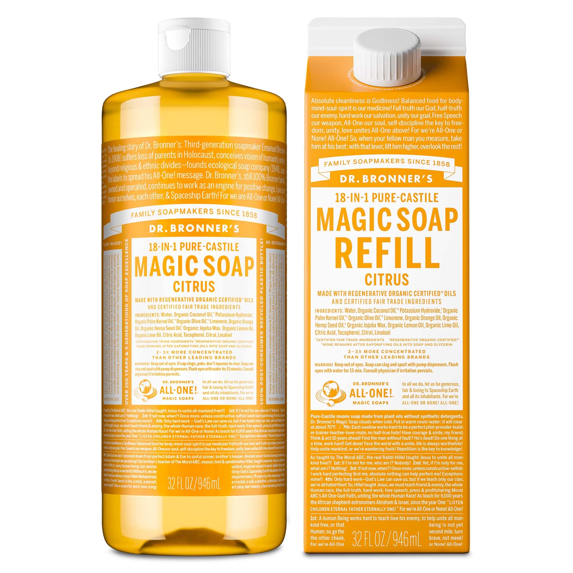 Dr. Bronner'sPure-Castile Magic Soap Liquid, Citrus, Made with Organic Oils for Body, Face, Hair, Dishes, Laundry, Vegan Bath Soaps for Men & Women, Non-GMO, 18-in-1 Multi-Use - Citrus, 32oz + Refill