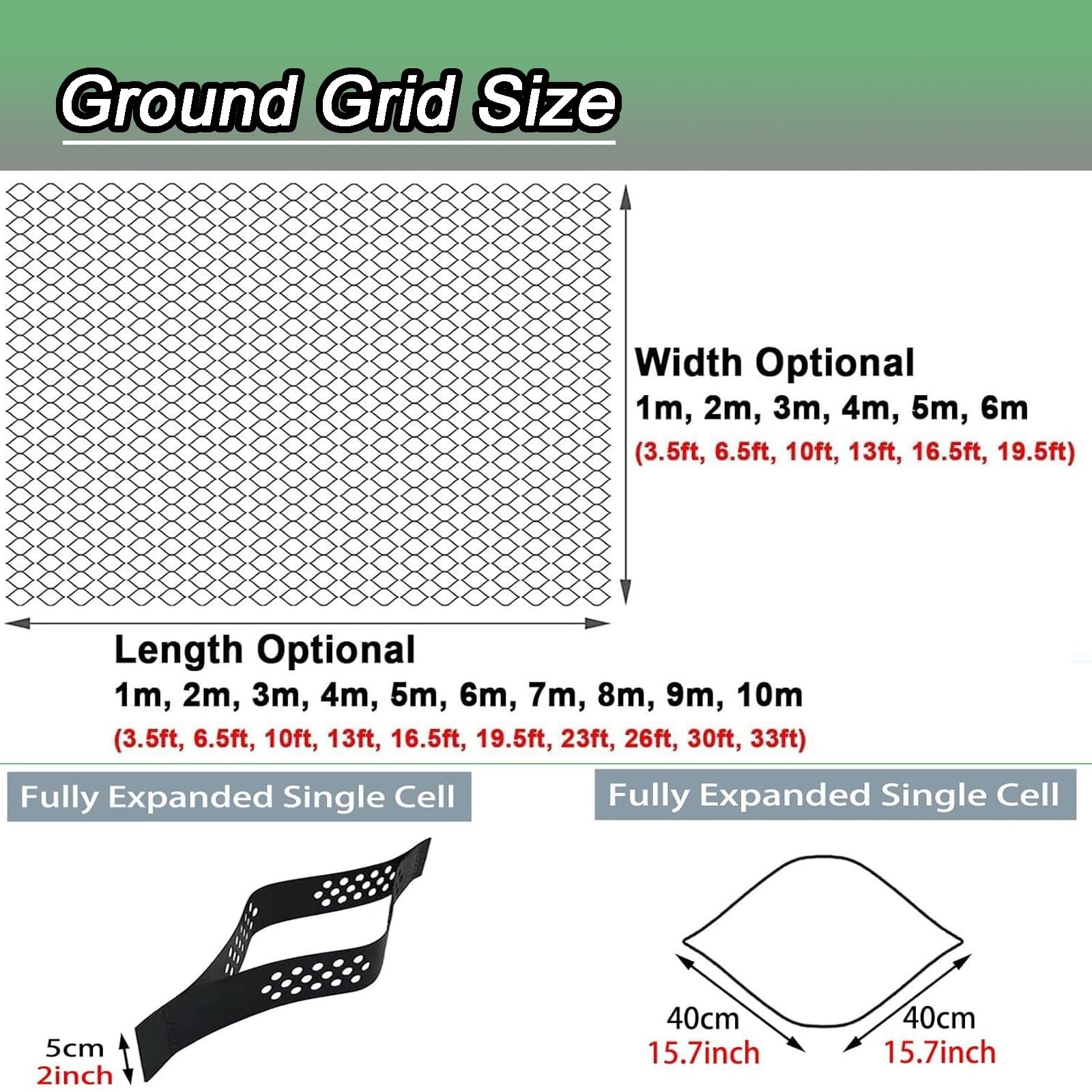 Grille de gravier robuste pour allée – Grille de sol de 5,1 cm de hauteur pour une charge élevée supportant 816,5 kg/m² Disponible en longueurs de 0,9 m à 9,1 m (1 x 4 m)