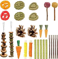 27 peças de brinquedos de mastigação de coelho, brinquedos de mastigar coelho natural, brinquedo de dentição de hamster de madeira segura, conjunto de mastigar hamster, bolas de feno natural Timothy e