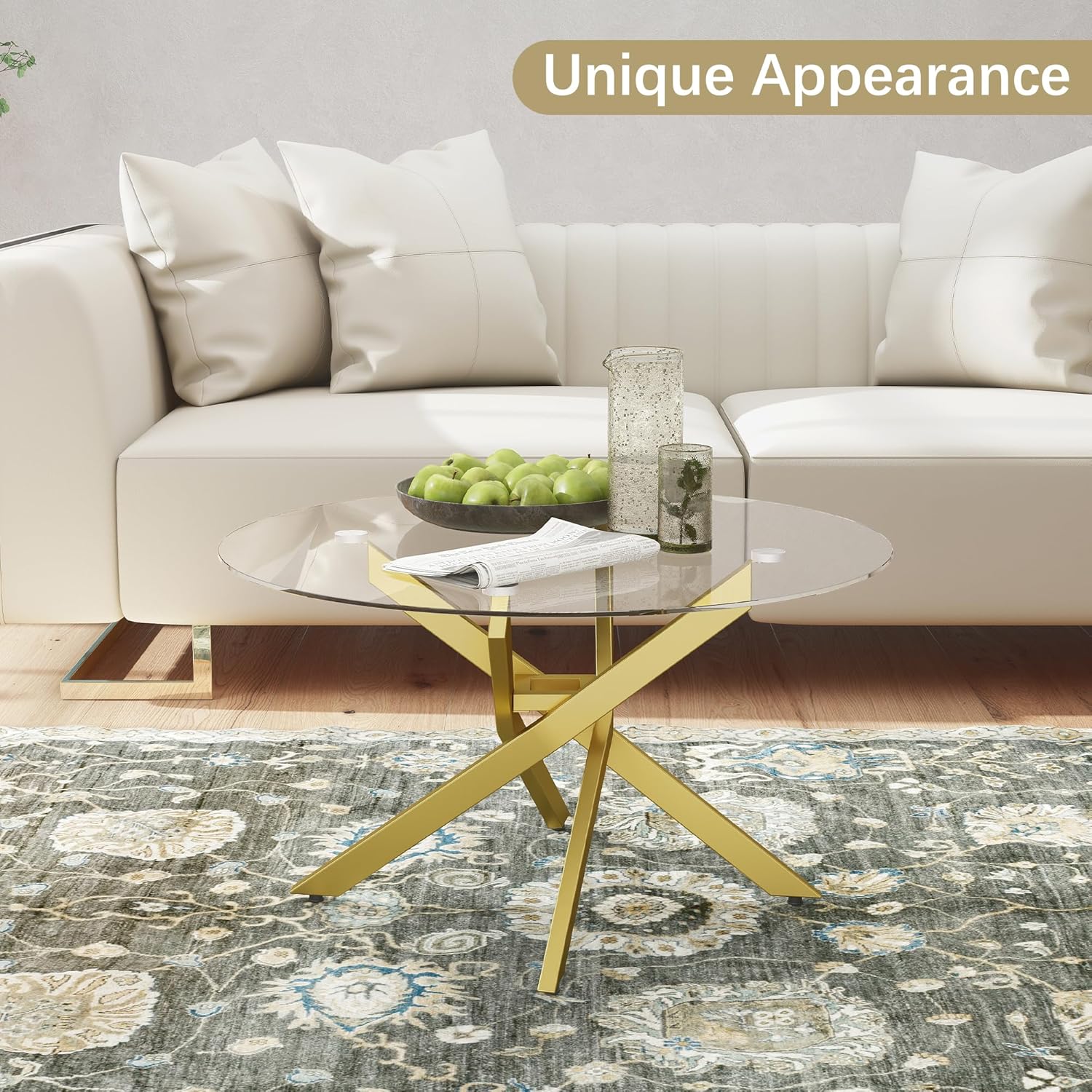 Glass Coffee Table, Round Coffee Table with Geometric Gold Metal Frame, Modern Minimalist Coffee Table for Decoration, Coffee Tables for Living Room, Study Room, Office