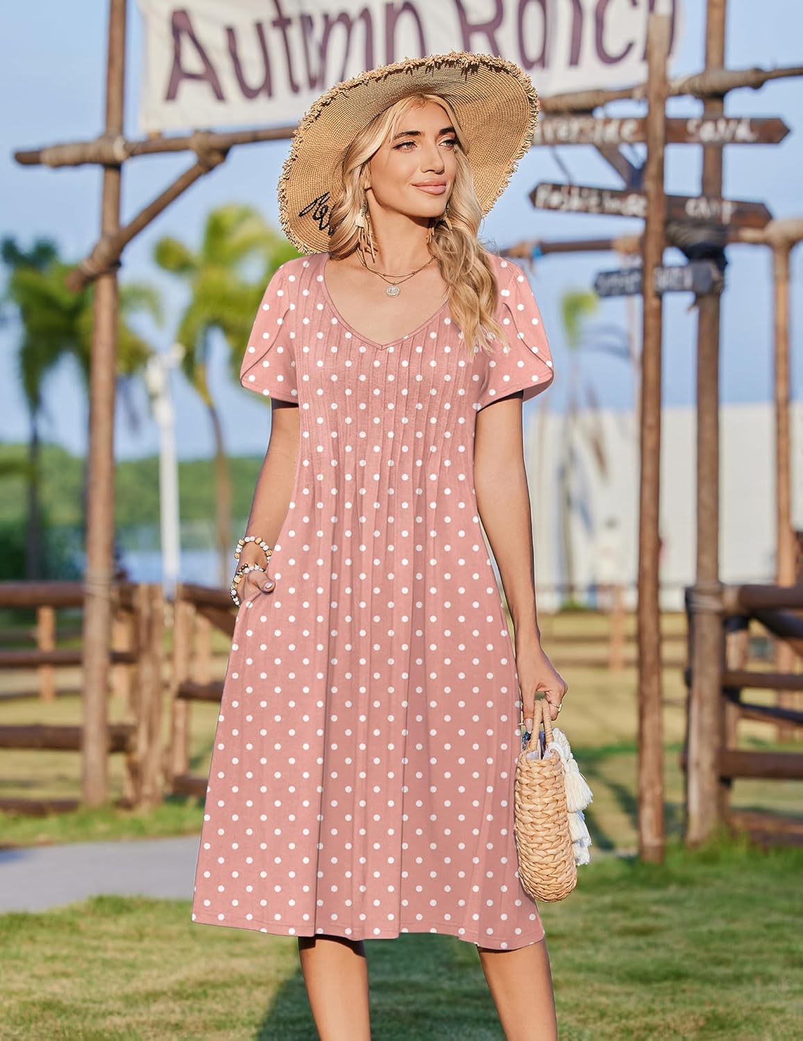 Zeagoo Womens Casual Summer Dress 2026 Short Sleeve Dresses Pleats Midi A Line Flowy Dress Boho Beach Sundress with Pockets