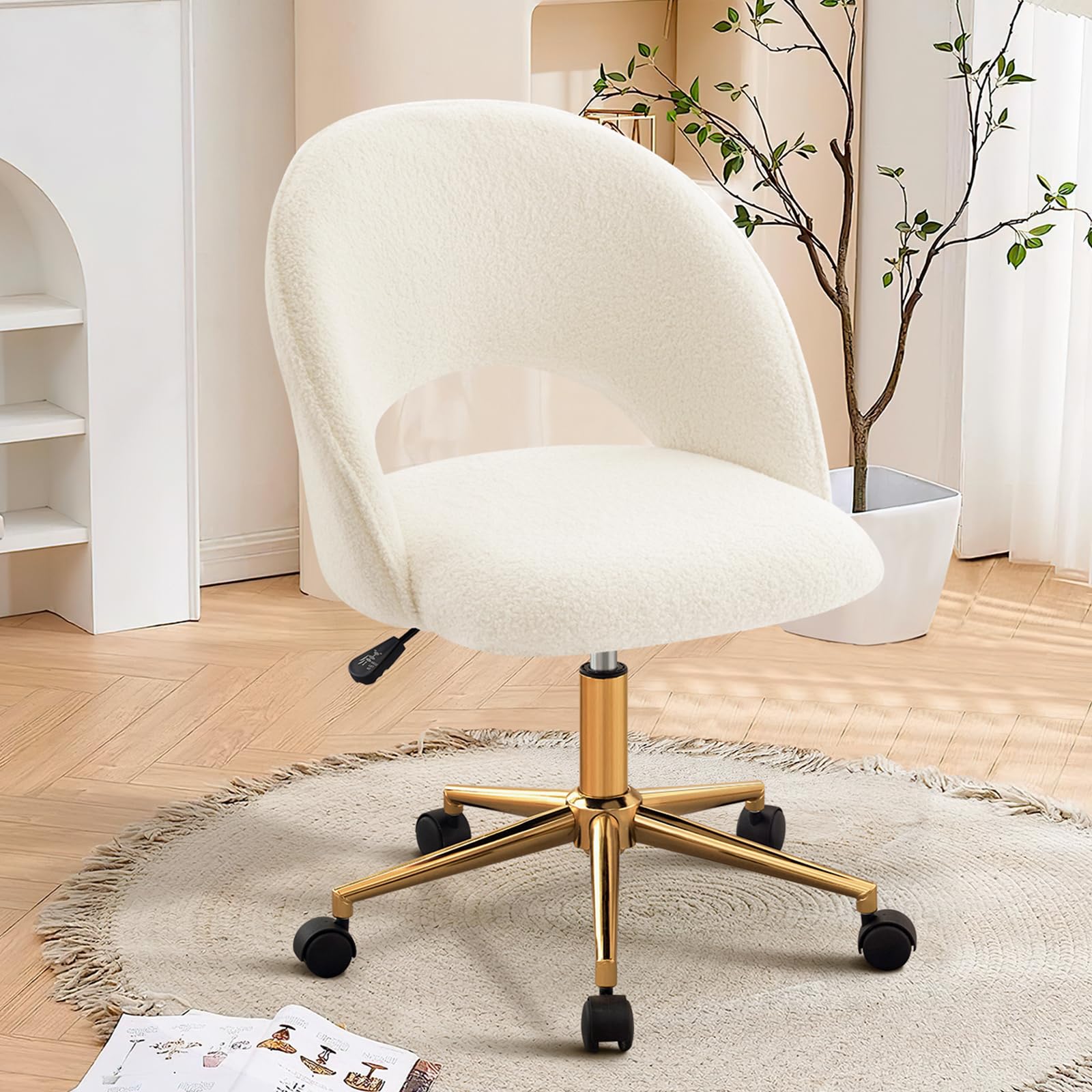 Vanity Chair with Back, Cute Office Desk Chair with Wheels for Girls, Upholstered Armless Accent Chair with Gold Metal Height Adjustable Soft Sherpa Fabric for Living Room/Makeup Room/Bedroom,White