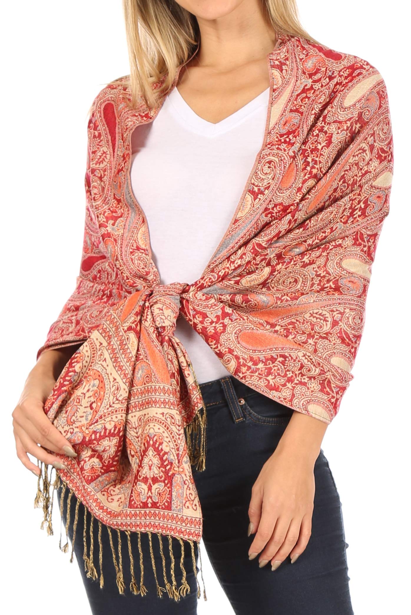 Sakkas Women's Red 16125 - Kalin Long Wide Woven Patterned Fringe Tassel Pashmina Shawl/Scarf - Os
