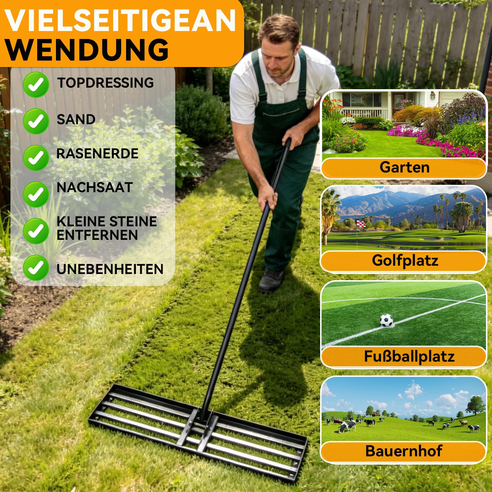 Warmfay Rasenrechen 75x25 cm inkl. 2M Verstellbarem Metallstiel mit Gewinde-Verschraubungssystem, Handlicher & Robuste Rasen Nivellierrechen für Garten, Golfplatz, Rasenpflege, Rasen Sanden