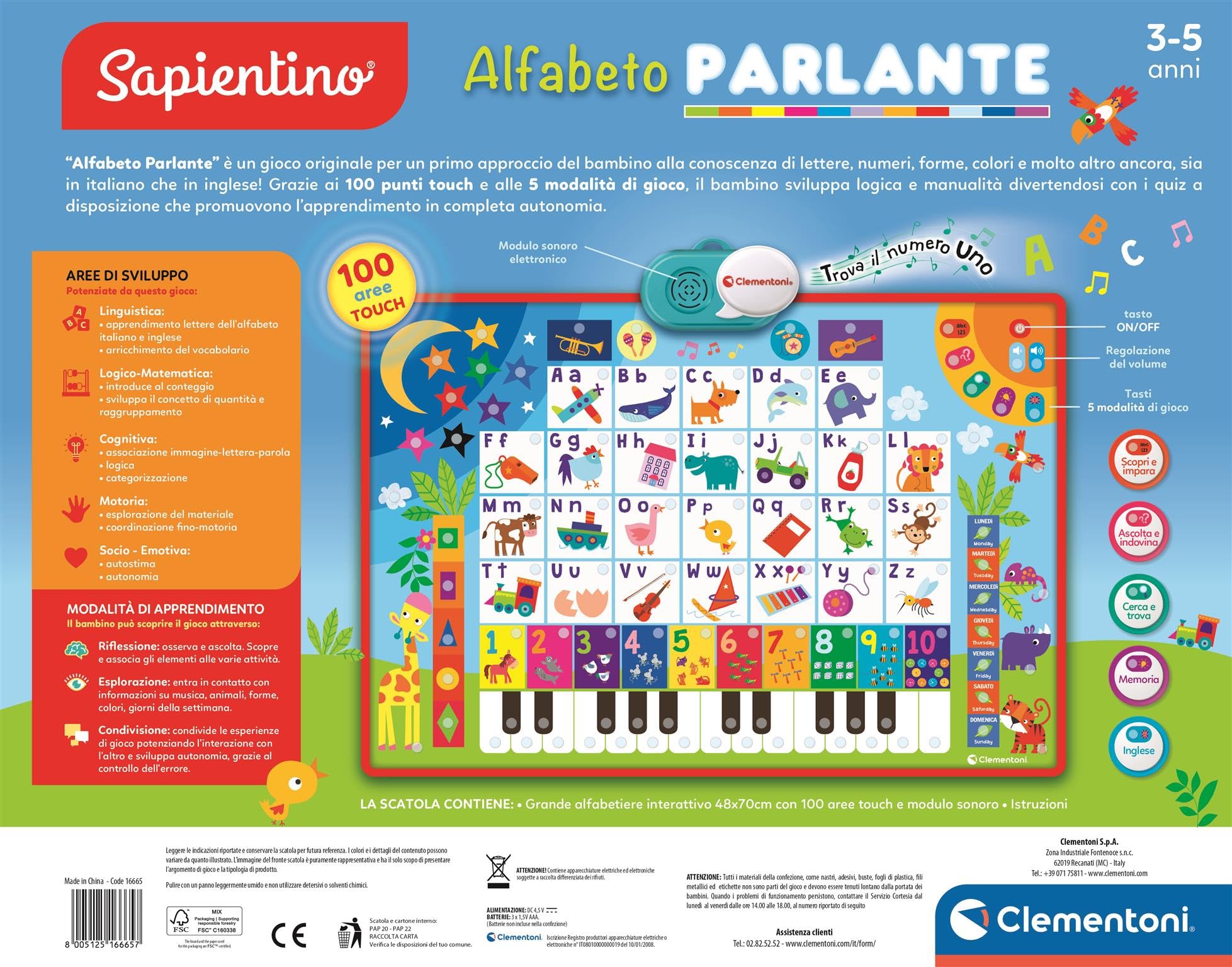 Clementoni - Sapientino Alfabeto Parlante, Poster Elettronico Educativo Bilingue Italiano Inglese per Bambini 3-5 Anni, 26 Lettere e Numeri Interattivi, Parole Musica e Quiz, 16665