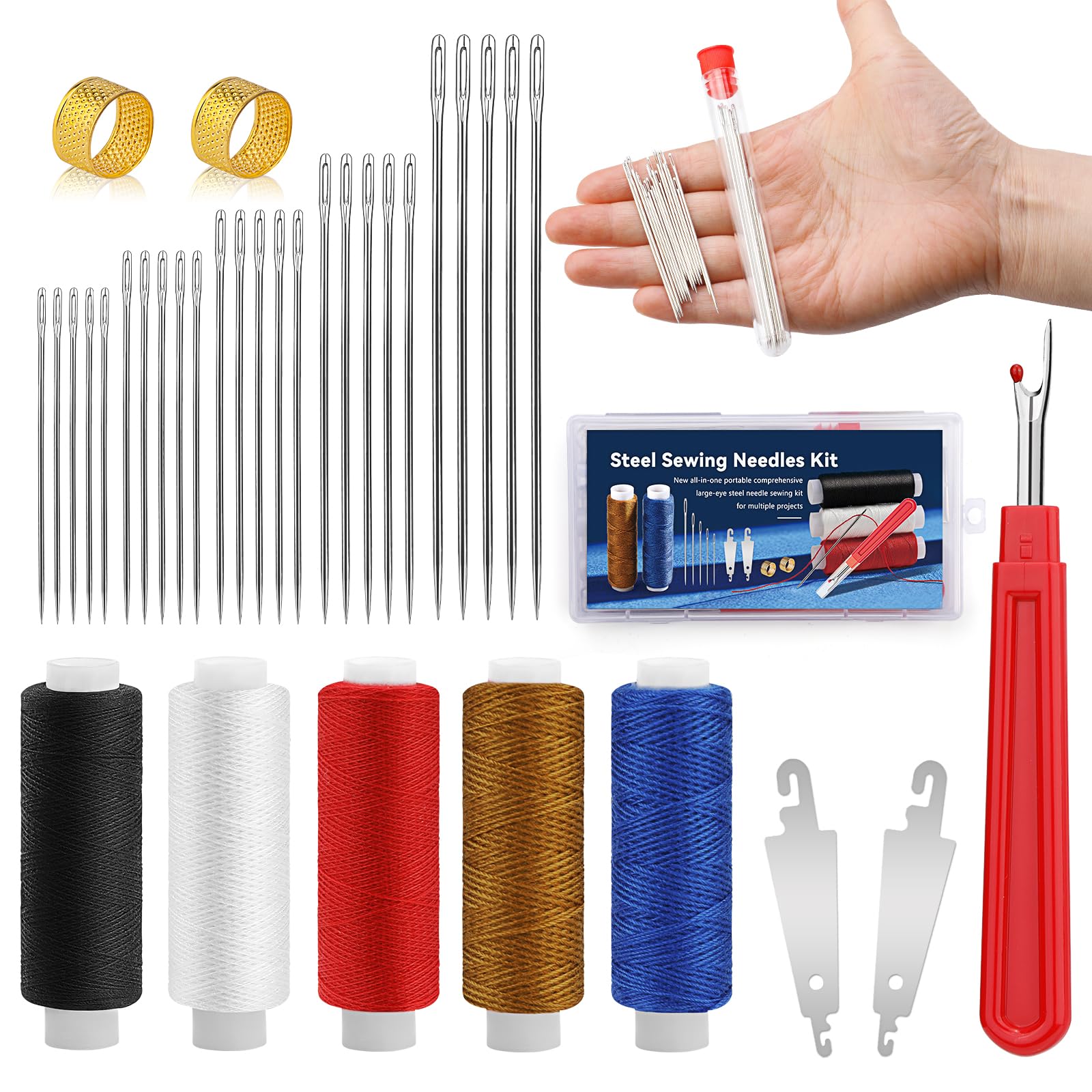 37 PCS Travel Sewing Kit, Big Eye Steel Sewing Needles Kit, Steels Needle for Hand Sewing with Thimble, Threader, Thread Rippers for Beginner Traveler and Clothing Repair