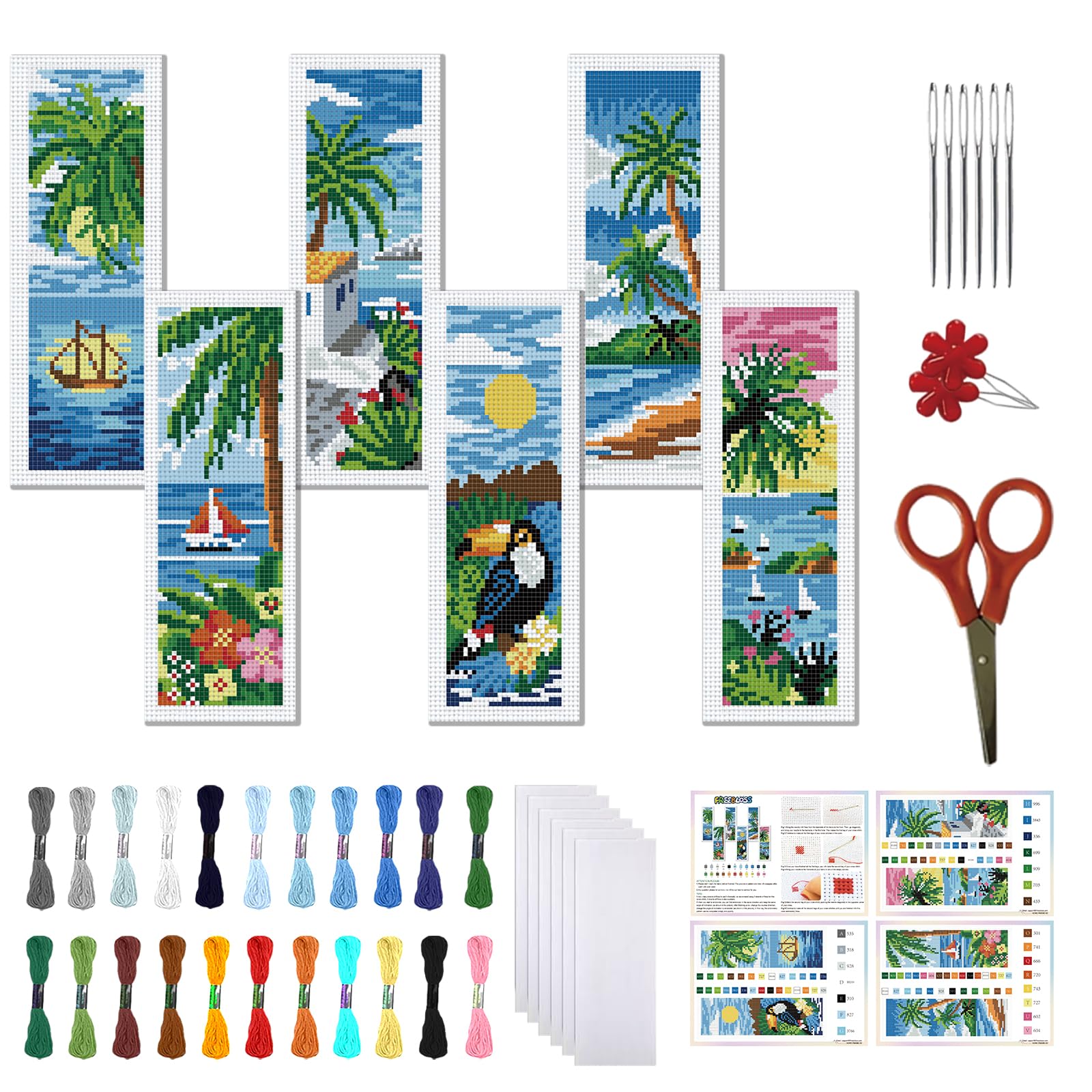 FREEBLOSS 6 Set Cross Stitch Bookmark Kit 11 CT Stamped Cross Stitch Kit DIY Embroidery Bookmark Kits for Adult Beginners with Instructions, Tropical Landscape Pattern, 6 x 20 cm/8" x 2.4"