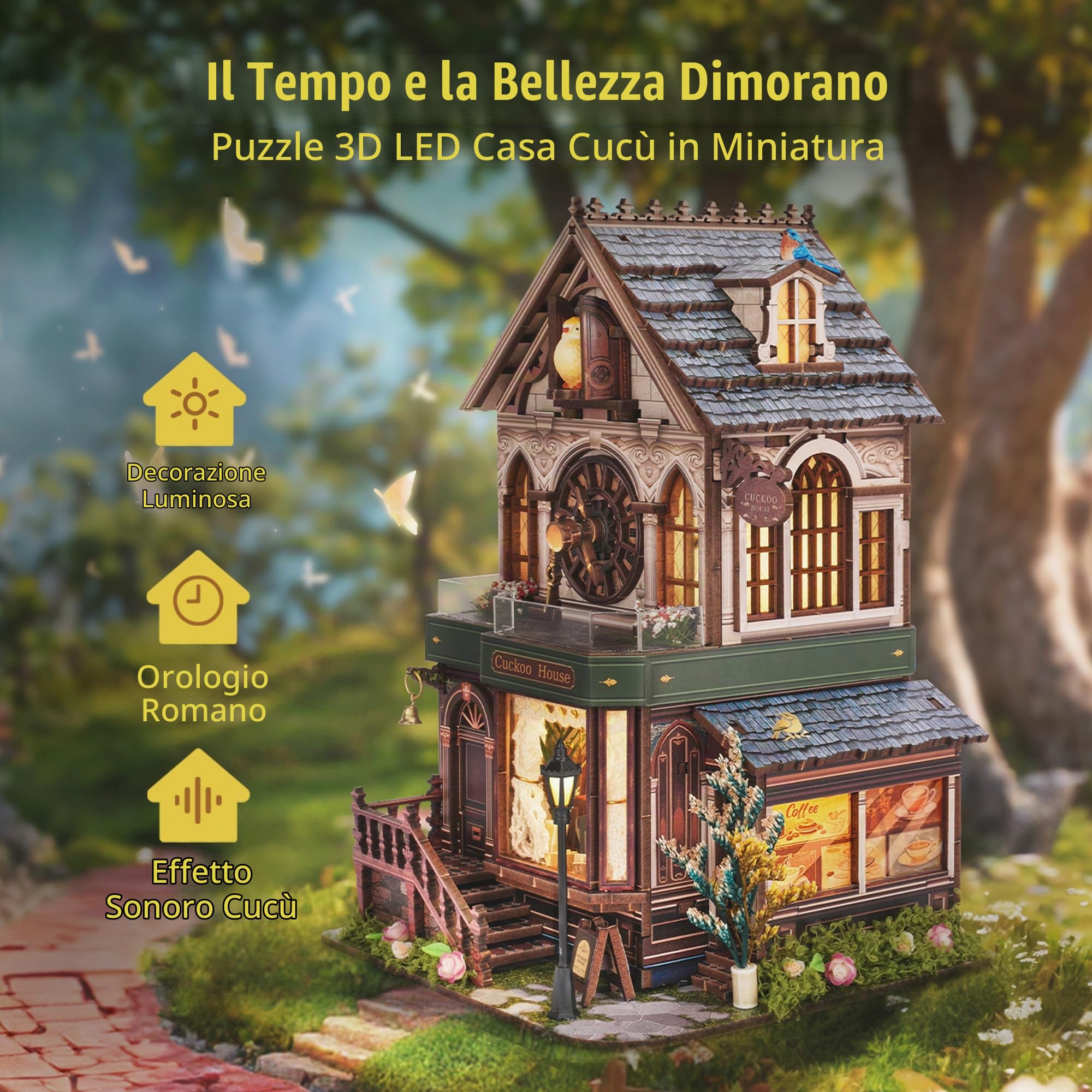 FUNPOLA Puzzle 3D in legno Casa in miniatura con suono di cucù – Modello meccanico fai-da-te di orologio a cucù, decorazione per la casa, regalo artigianale unico per adulti e ragazzi (Casa del Cucù)