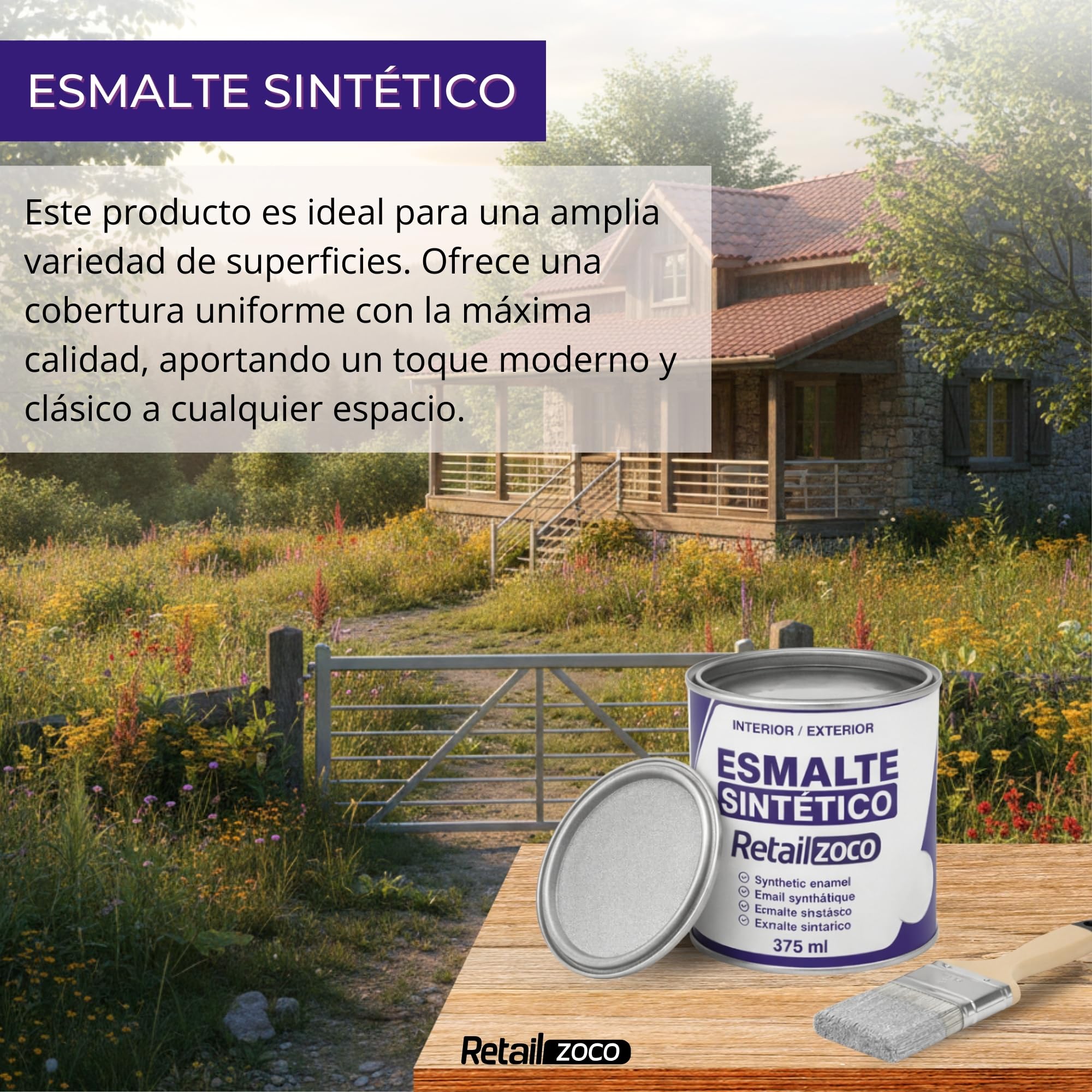 Esmalte Sintético, Pintura Esmalte, synthetic enamel, Uso en maderas y metales, Apto para interior/Exterior, Contiene 375 ml, Color Aluminio - imagen 2