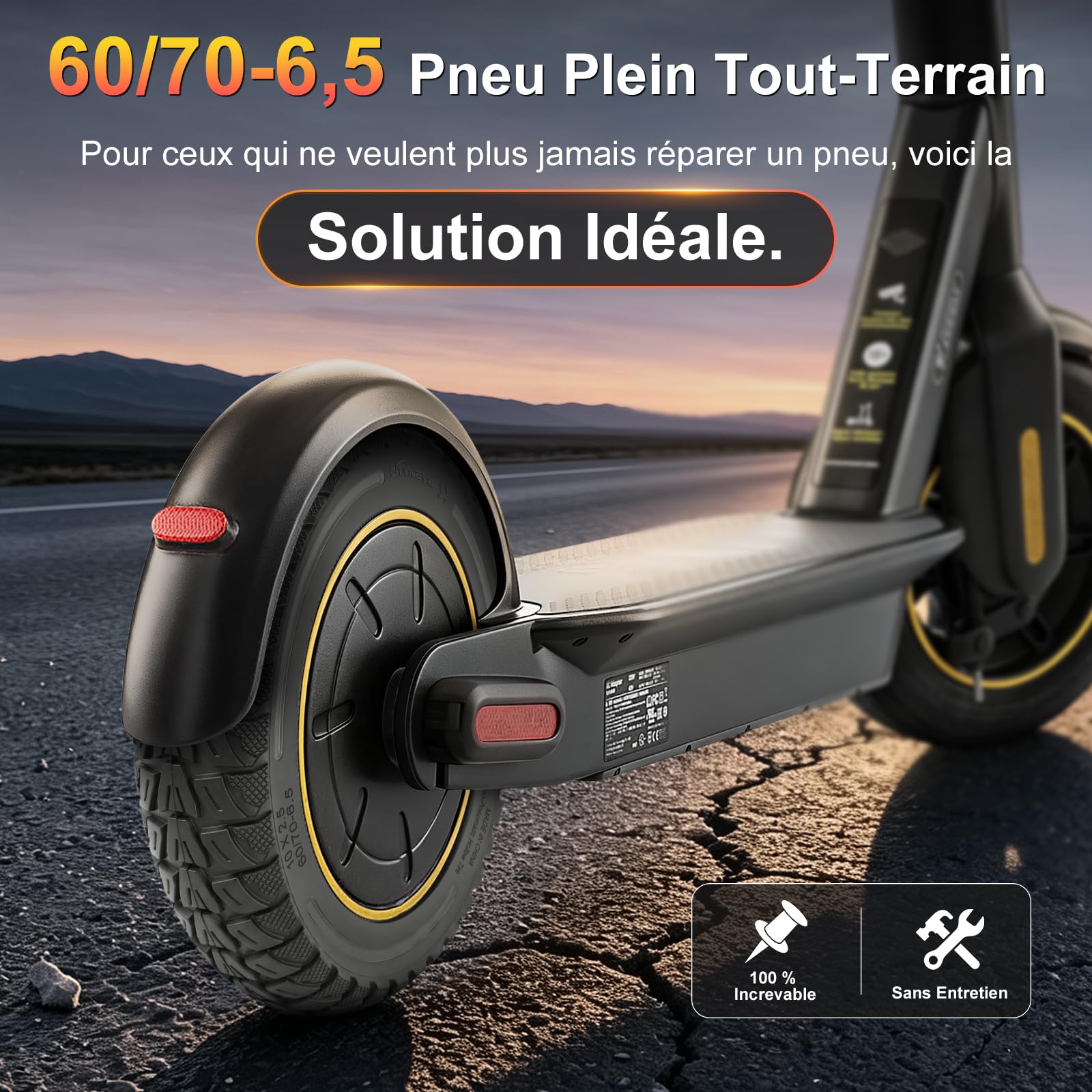 Lot de 2 pneus pleins 60/70-6,5" - 10" - En caoutchouc solide - Pour scooter électrique Ninebot Max G30/Max G30D/Max G30D2 - Pneus de rechange complets - Antidérapants - Anti-crevaison - Noir
