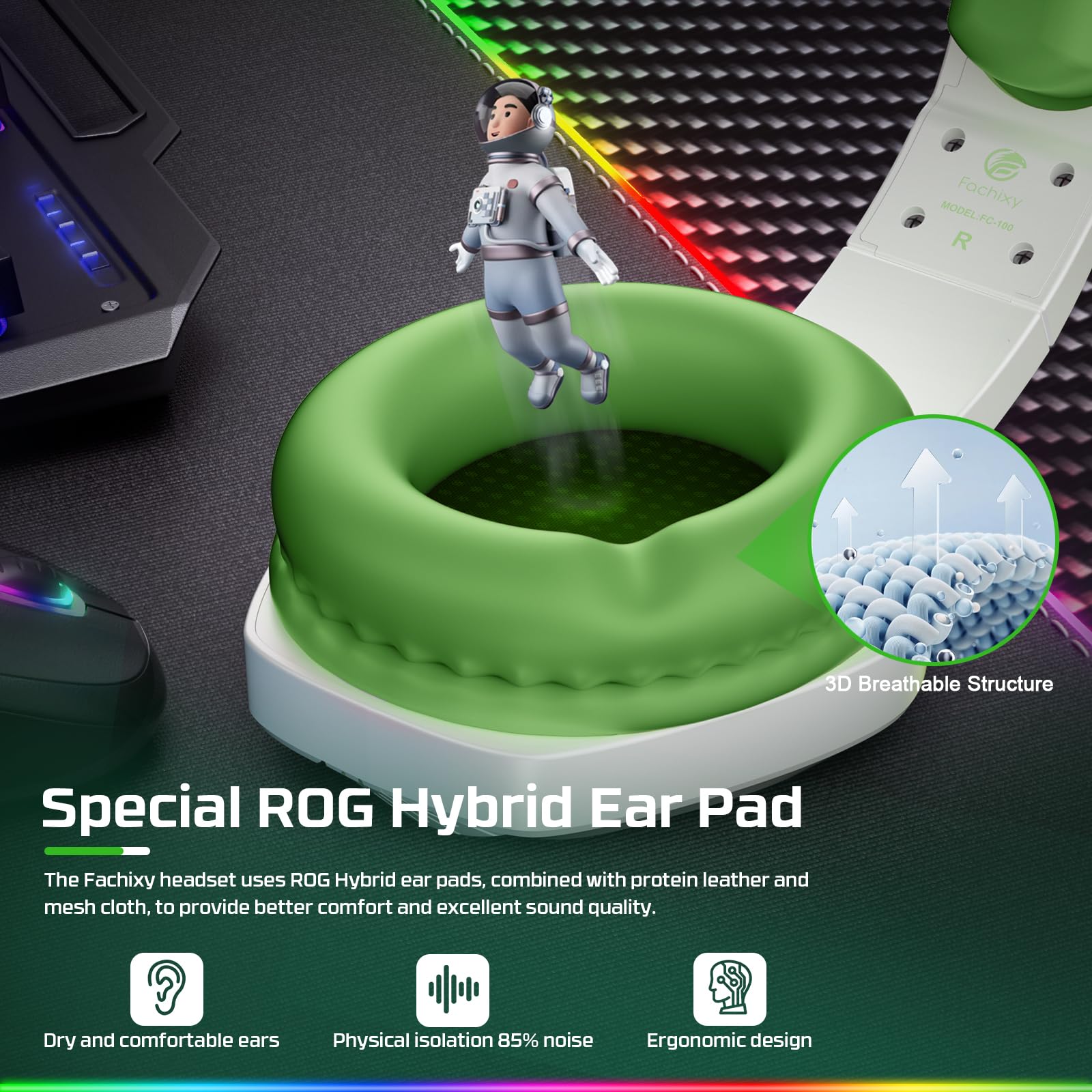 Fachixy FC100 Casque Gaming pour PC, PS4, PS5, Xbox, Mac, Nintendo Switch, Casque Gamer PS4 avec Lumière RVB, Casque PS5 avec Micro, Casque Antibruit avec Prise Jack 3,5 MM - Blanc Vert