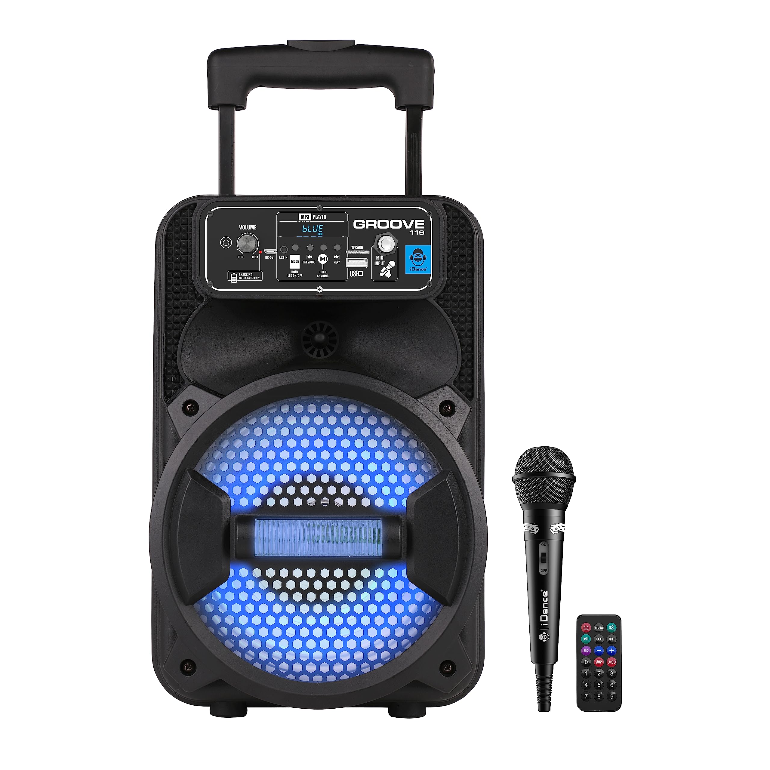 Cefa Toys - Portable Bluetooth speaker with microphone, remote control, rechargeable battery, LED lighting, USB mp3 playback, telepic handle and wheels, 100 watts.
