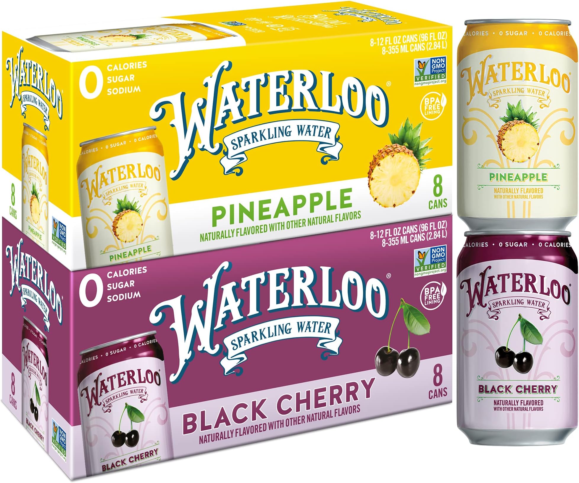 Waterloo Sparkling Water Two-Flavor Pack, 12 Fl Oz Cans, Pack of 16, 8 x Black Cherry, 8 x Pineapple | Zero Calories | Zero Sugar or Artificial Sweeteners | Zero Sodium