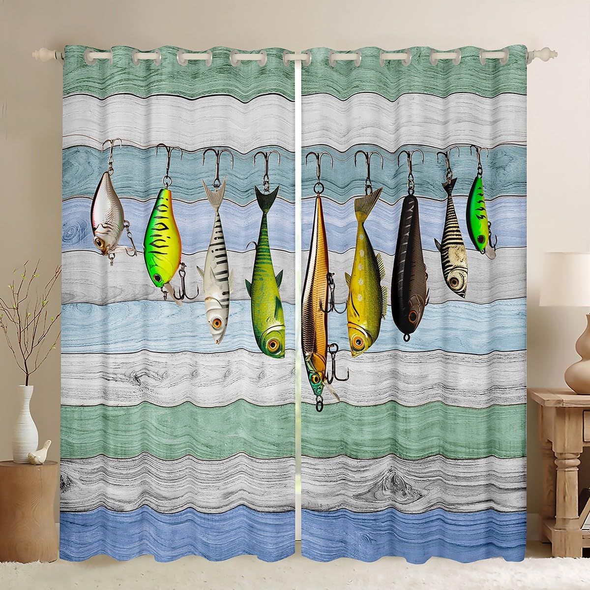 Colorful Fish Curtains, Fish Hook Fishing Blackout Curtains for Kids Boys Girls Teens, Rustic Farmhouse Window Curtains & Drapes for Bedroom Living Room, Western Style Darkening Curtains 42