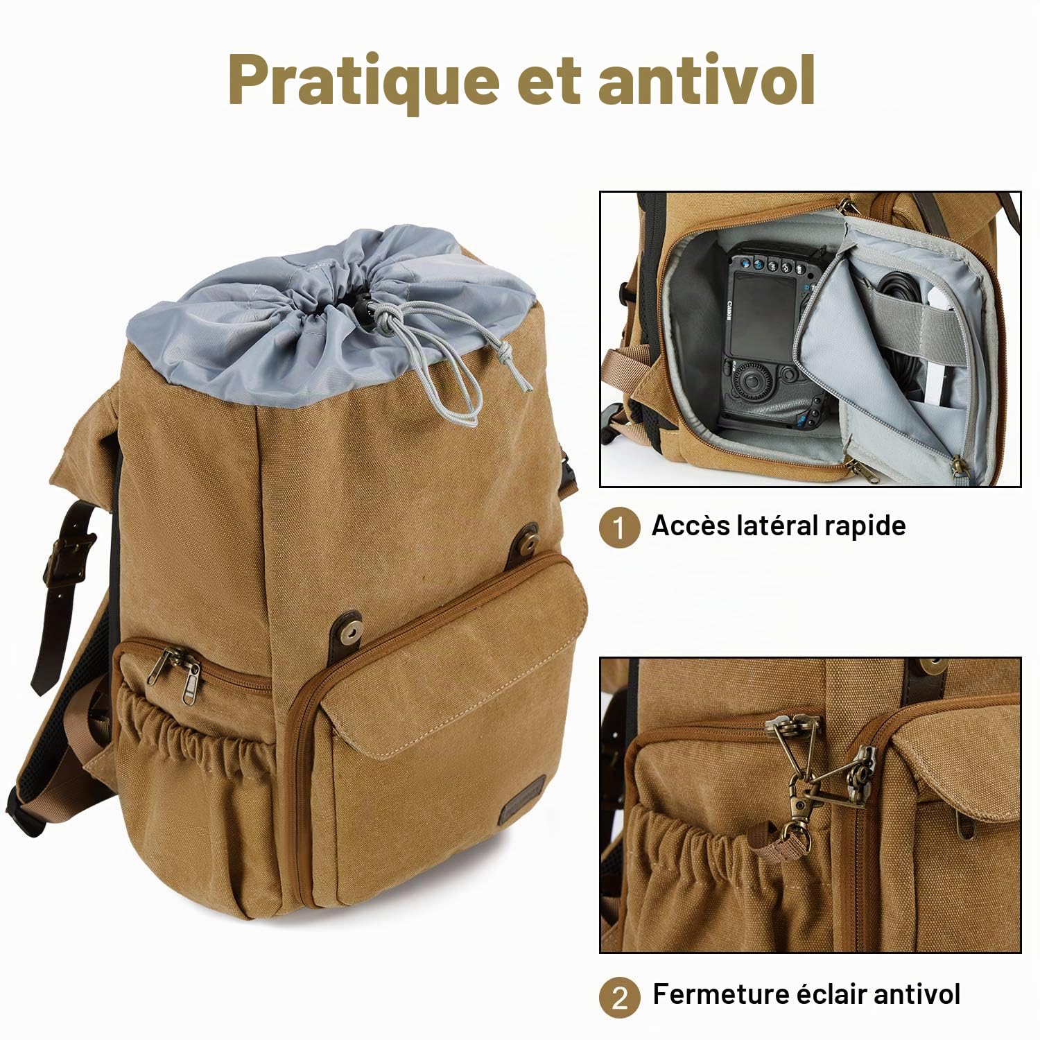 bagsmart Sac à dos pour appareil photo reflex numérique - En toile - Antivol - Imperméable - Avec protection contre la pluie - Pour ordinateur portable de 15", appareil photo reflex numérique,