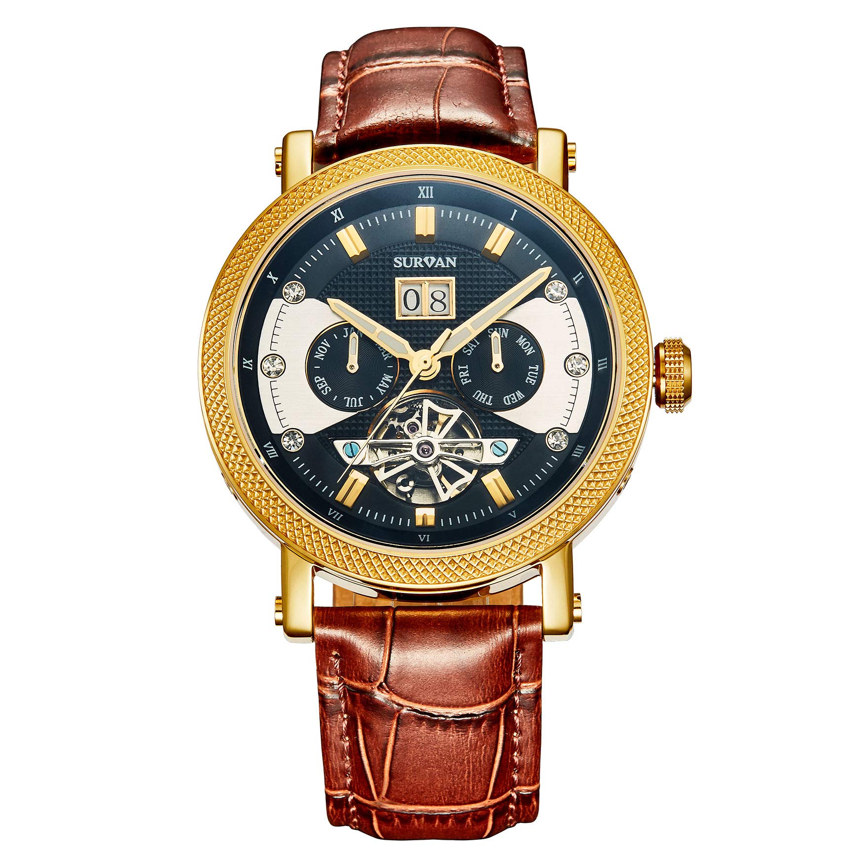 SURVAN Armbanduhr Herren,Schweizer Automatikwerk Armbanduhr,für Männer Dreifach Kalenderanzeige Datum Tag Monat,männer uhren Mechanische,Echtes Leder Armband,Wasserdicht,Geschenk watch for men,Gold