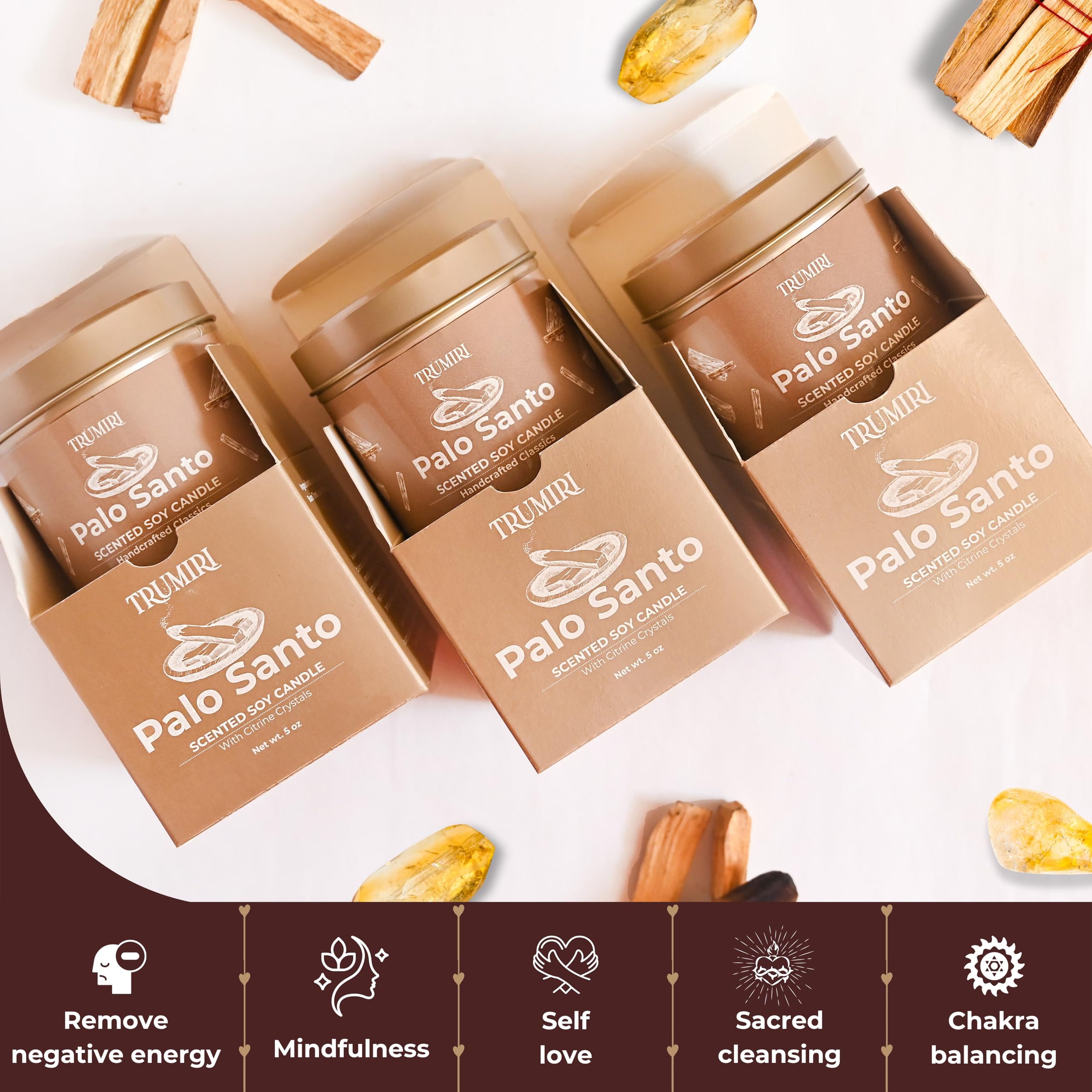 Palo Santo Kerze für Zuhause – stark duftend mit Citrin-Kristallen – Packung mit 3 x 142 g Sojawachs, organisch, ungiftig, für Aromatherapie, Entspannung, Meditation, Raumdekoration für Männer,