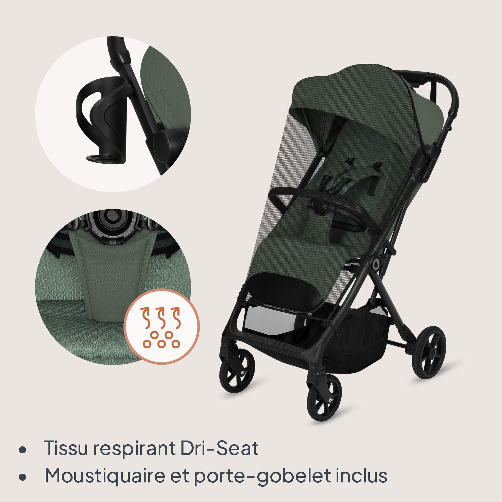Lionelo Tansi Poussette Canne Compacte Légère jusqu’à 22 kg Pliage une Main Rapide, Suspension et Roues GravelTech, Dossier 3 Positions, Grand Panier 3 kg, Capote Pare-Soleil UPF50+ (Vert)