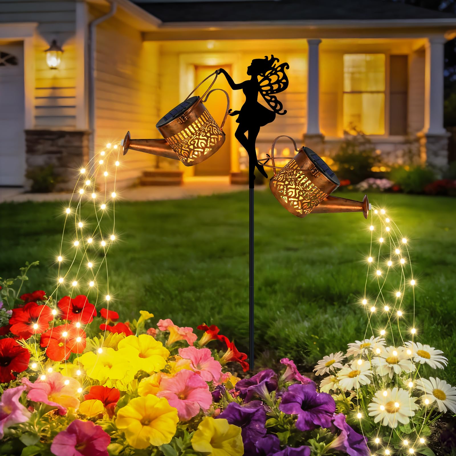 HELESIN Watering Can Garden Lights, 2 Pack Solar Watering Can with Cascading Lights with 1 Elf Shepherd Hook, 600mAh Battery Waterproof Solar Garden Lights Waterfall Ornaments for Patio Yard Pathway
