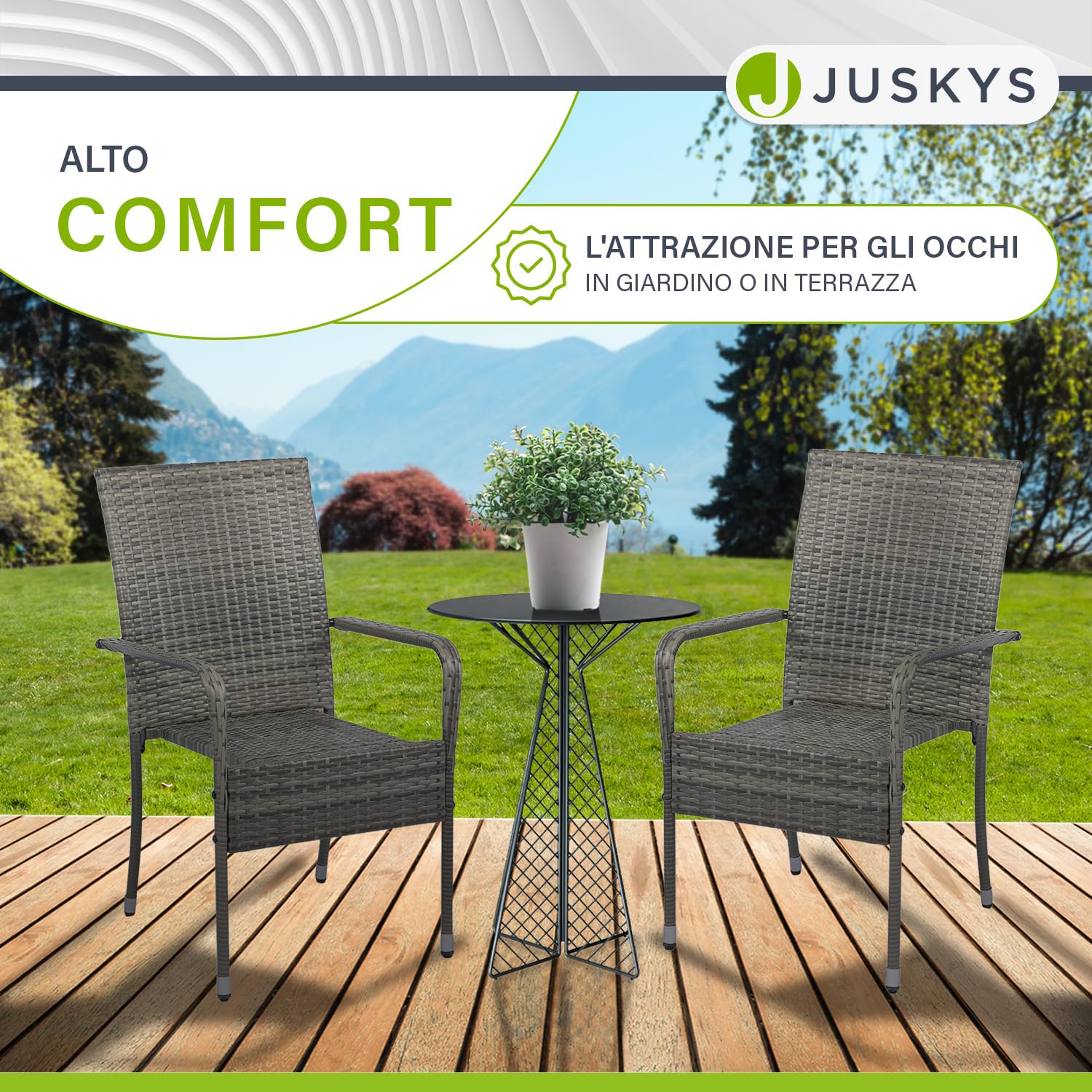 Juskys Sedie da giardino in polyrattan Yoro set da 2 con braccioli e schienale impilabili grigio melange