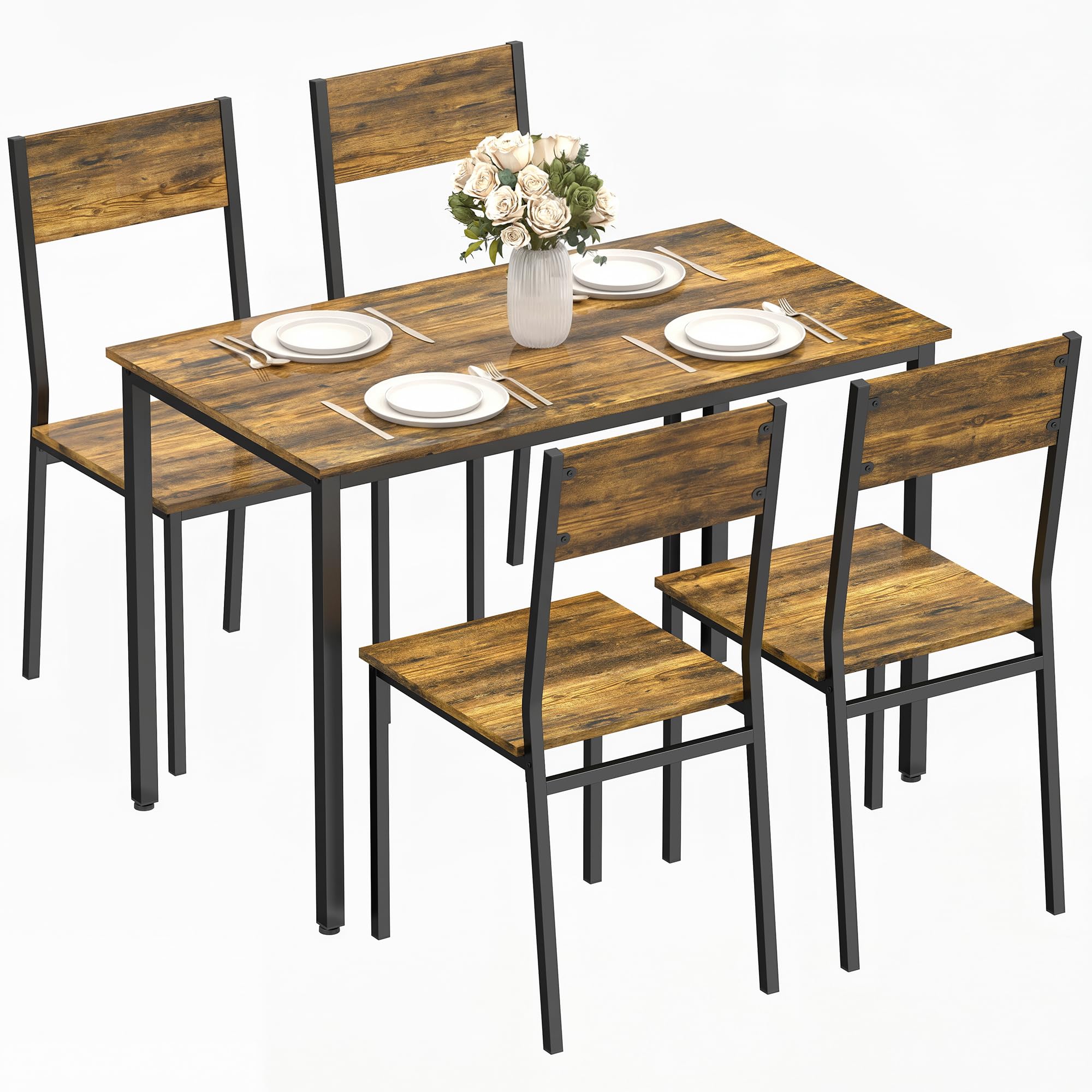 HOMCOM Ensemble Table Salle à Manger avec 4 chaises, Table de Cuisine pour 4 Personnes, Plateau rectangulaire 108 cm, Style Industriel, Pieds en métal, idéal Petit Espace, Brun Rustique