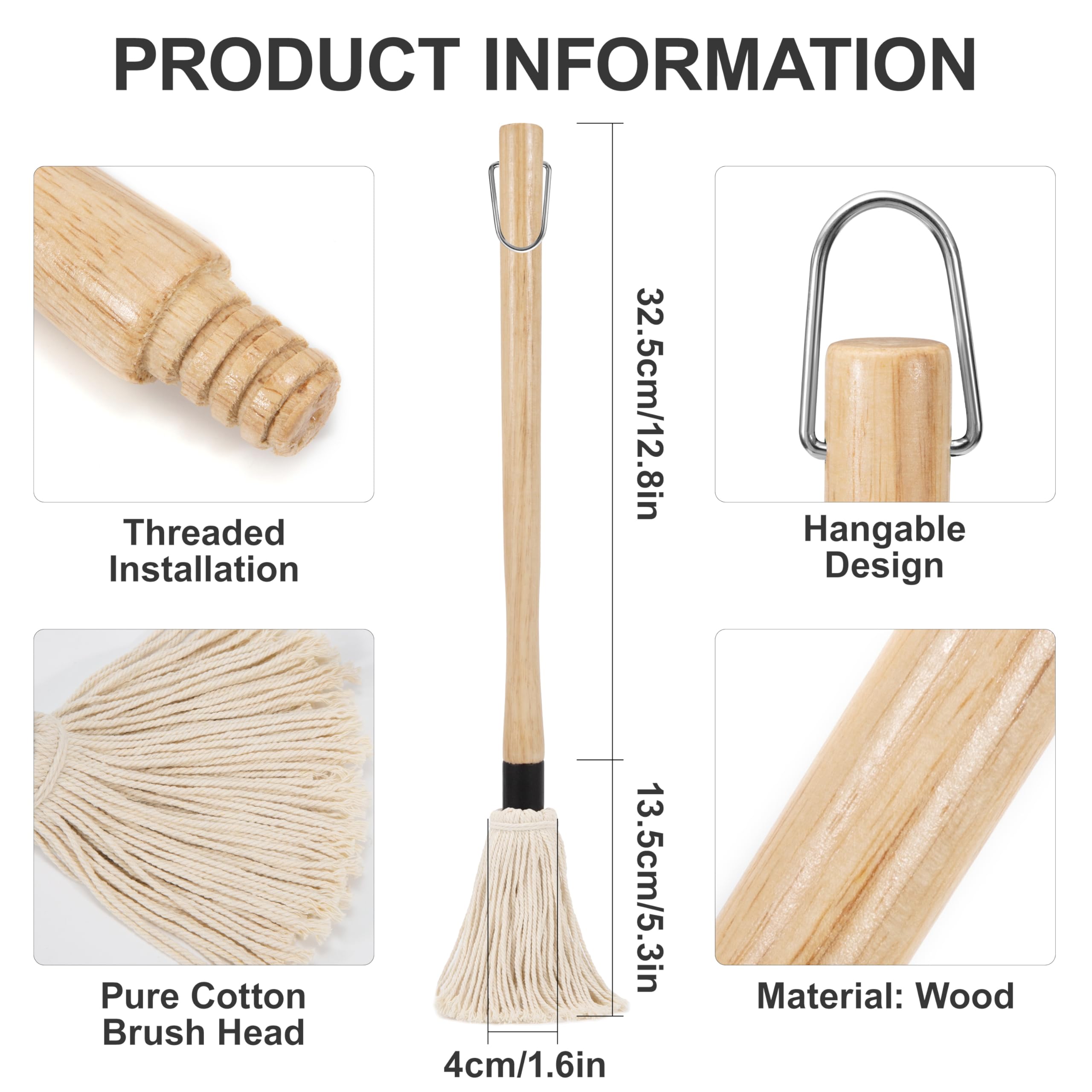 Pennelli per Barbecue Legno, Spazzole Mocio per Salsa Barbecue Marinate con Manico in Legno, Pennelli Cucina Testa in Cotone Lavabile con 4 Testine di Ricambio, per Arrostire e Grigliare