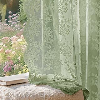 Anmao Vintage Sage Green Lace Curtains 63 Inches Long 2 Panels Sets, Rom...