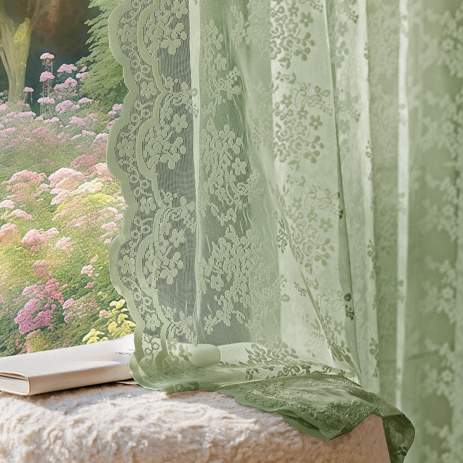 Anmao Vintage Sage Green Lace Curtains 90 Inches Long 2 Panels Sets, Romantic Light Filtering Semi Sheer Floral Thick Lacy Curtain Drapes for Living