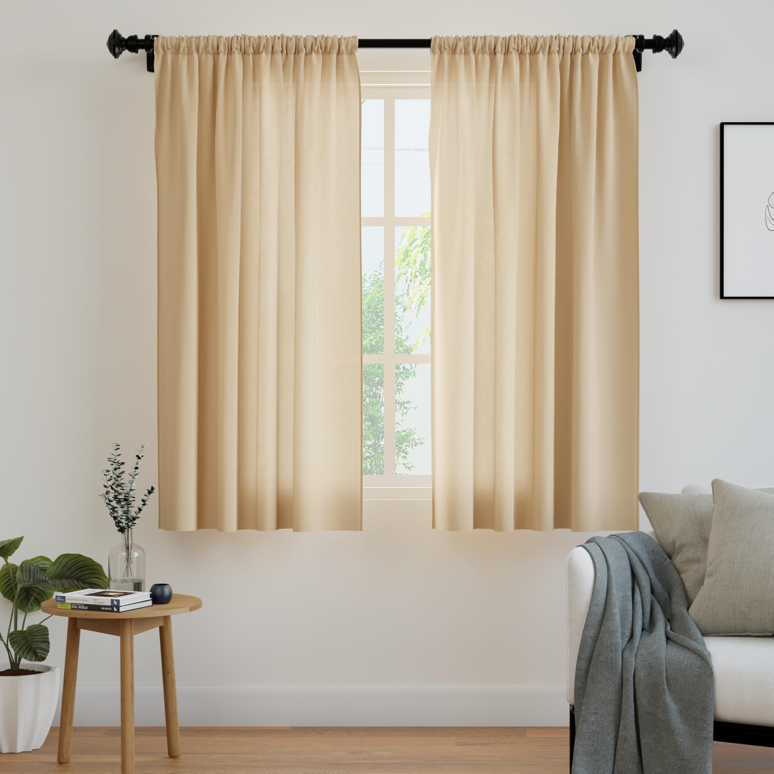 Encasa XO Cortinas sólidas de poliéster con Atado, 140x137 cm Window Juego de Paneles de 2 - Beige, Bolsillo de Vara, Filtro de luz, Cortinas para Puerta, Dormitorio, Sala de Estar