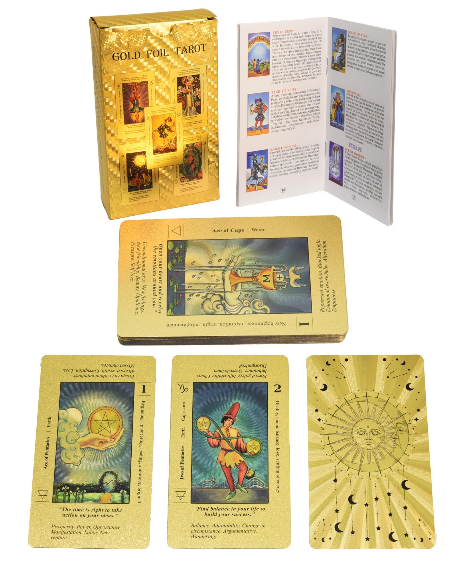 78 gold foil tarot cards, with 36 pages of guide, PVC, waterproof and wrinkle-resistant, cards with front and back meanings, tarot deck for beginners, (God Sun)