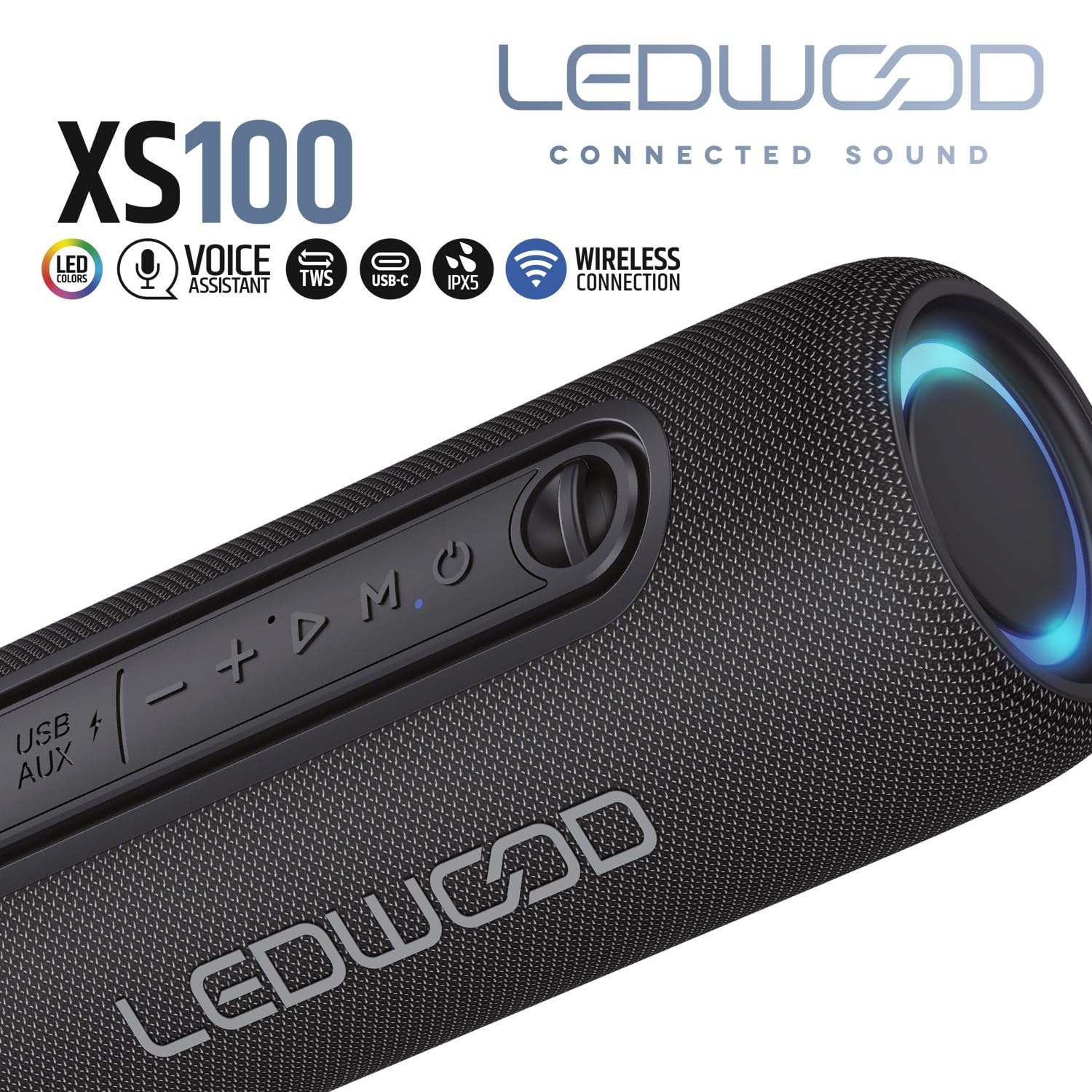 Altoparlante HiFi Libera 100W Ledwood XS100, Effetto LED, Buetooth USB, TWS, IPX5, Assistente Vocale, 10W RMS, Batteria 2000mAh